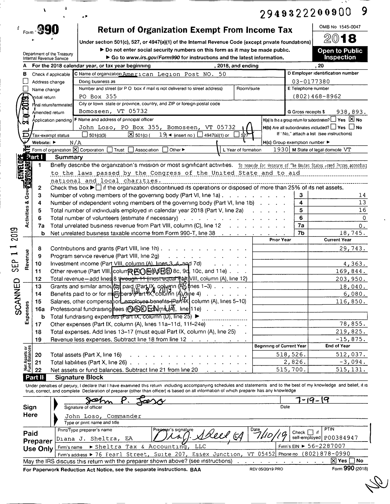 Image of first page of 2018 Form 990O for American Legion - 50 Crippen-Fellows