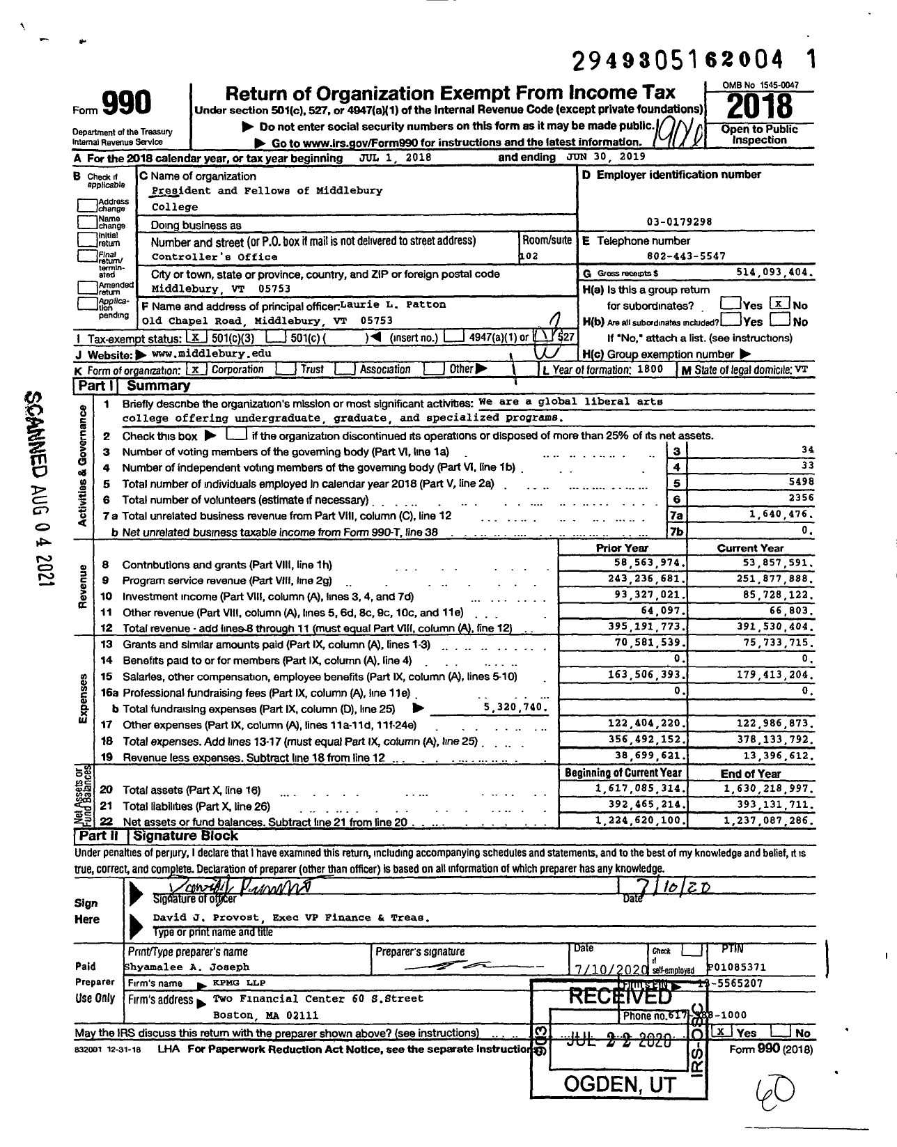 Image of first page of 2018 Form 990 for Middlebury College