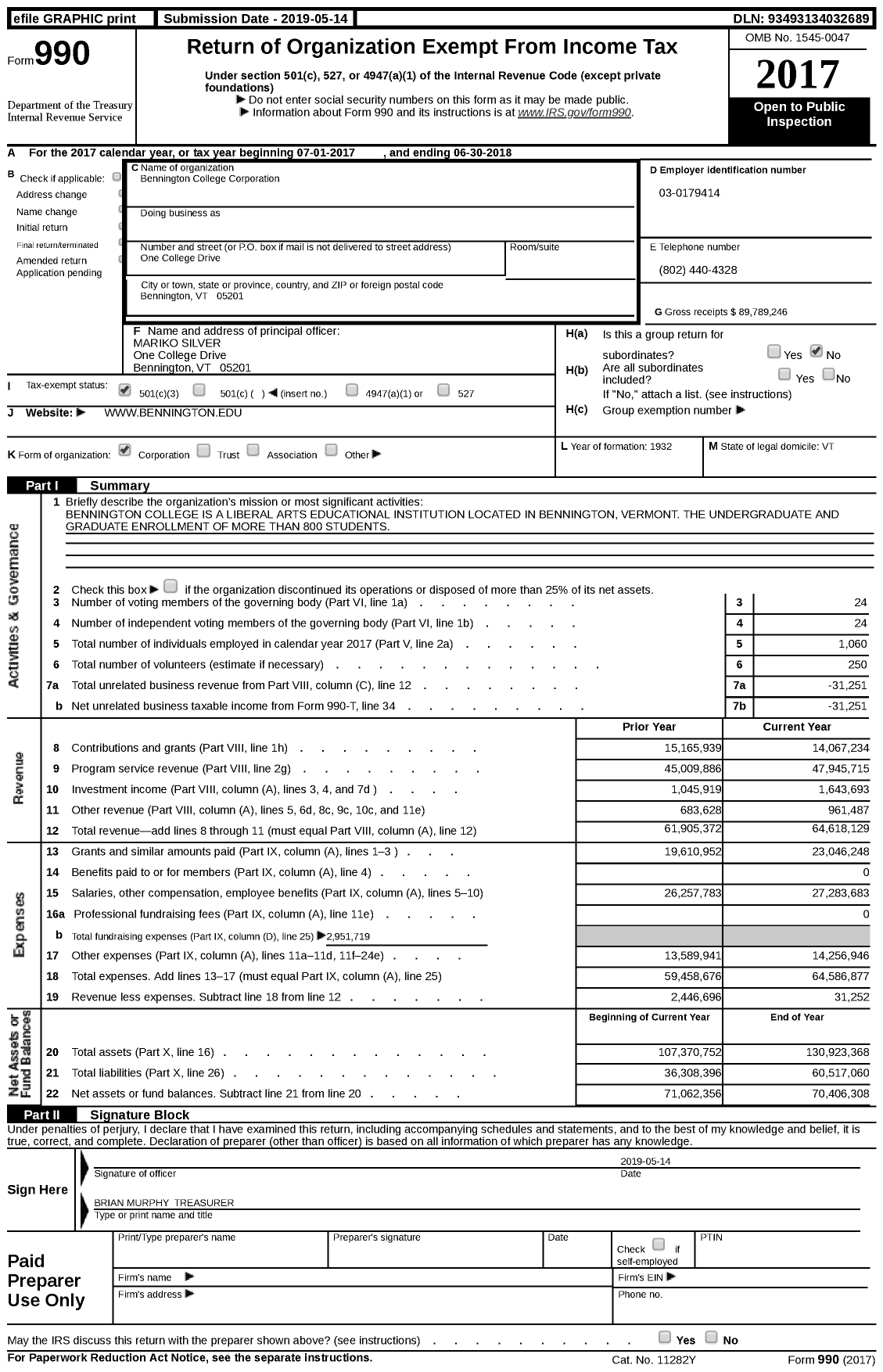Image of first page of 2017 Form 990 for Bennington College Corporation