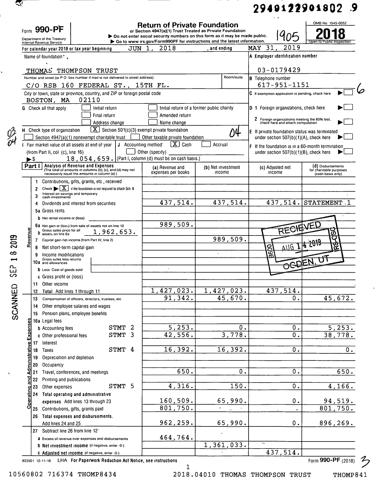 Image of first page of 2018 Form 990PF for Thomas Thompson Trust