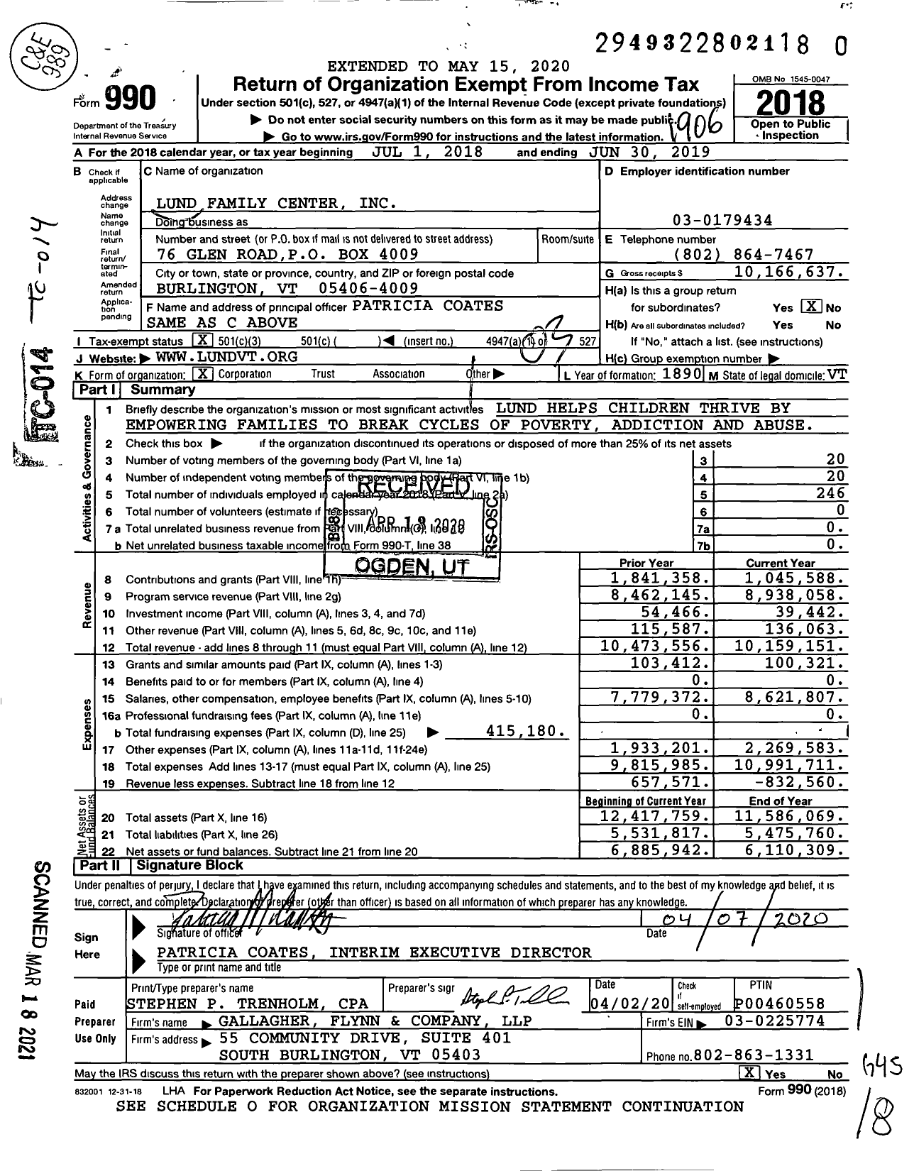 Image of first page of 2018 Form 990 for Lund