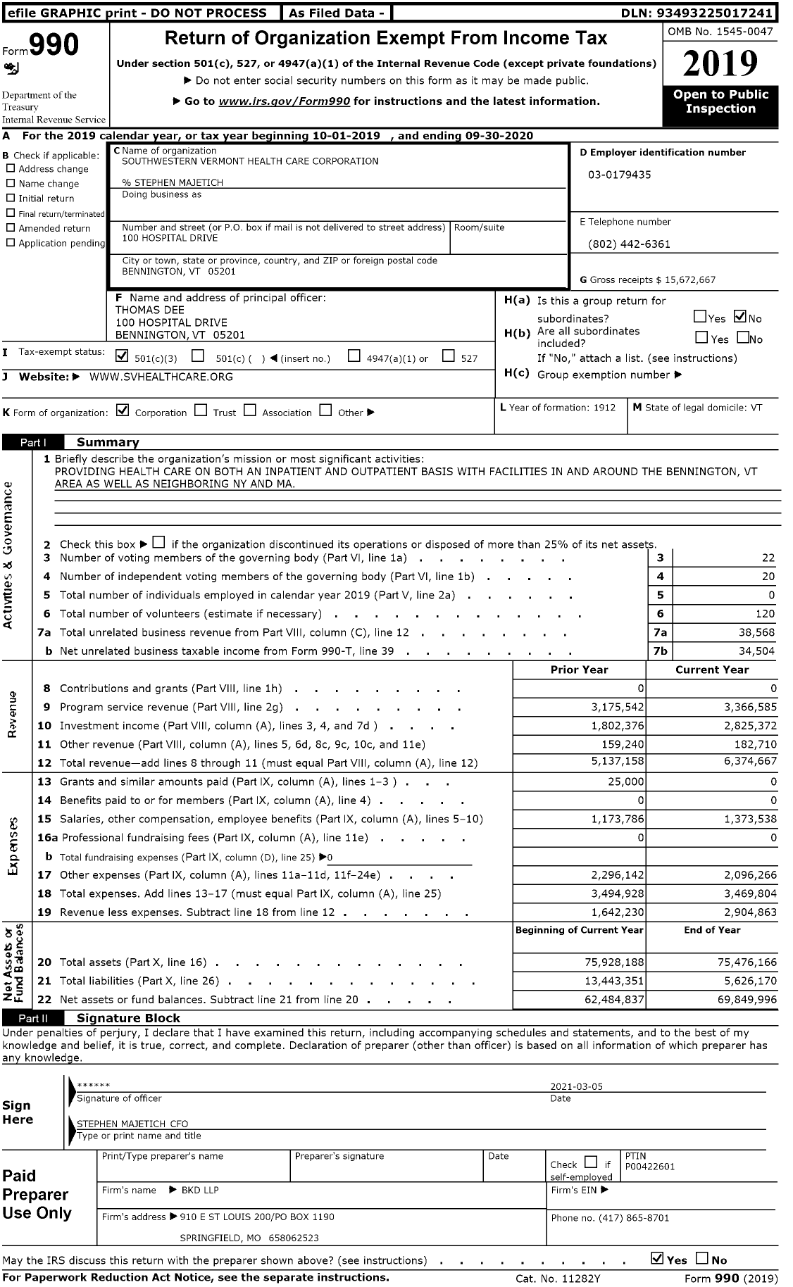 Image of first page of 2019 Form 990 for Southwestern Vermont Health Care Corporation