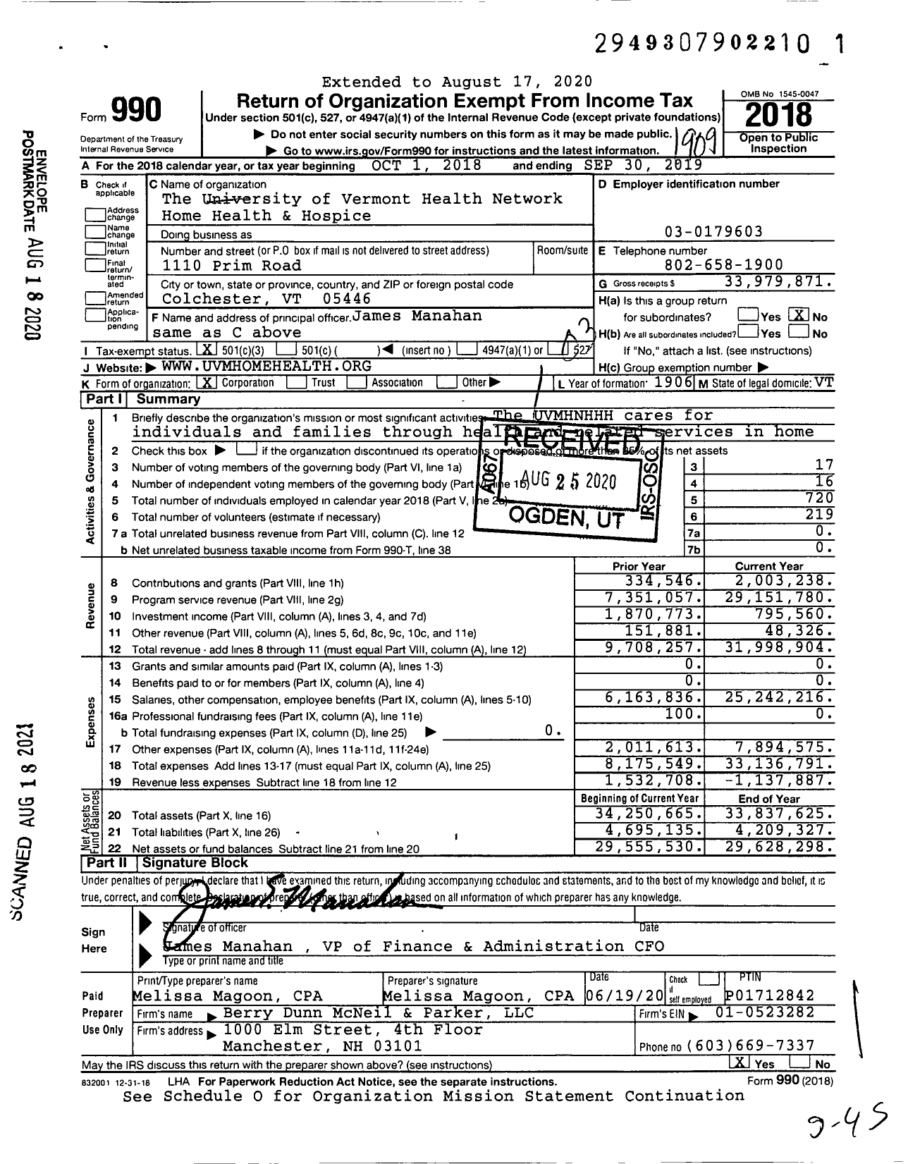 Image of first page of 2018 Form 990 for The University of Vermont Health Network Home Health and Hospice