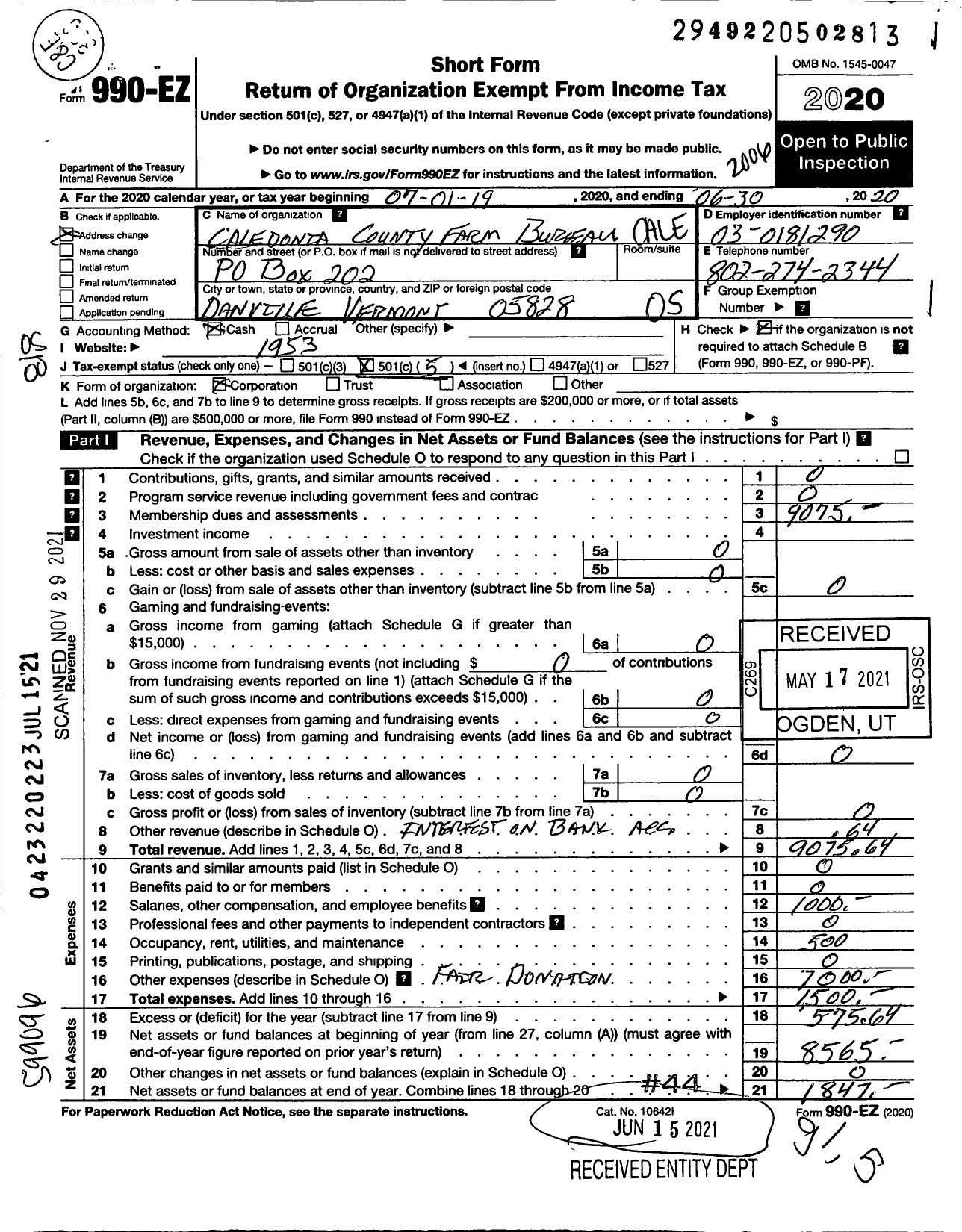 Image of first page of 2019 Form 990EO for Caledonia County Farm Bureau Association