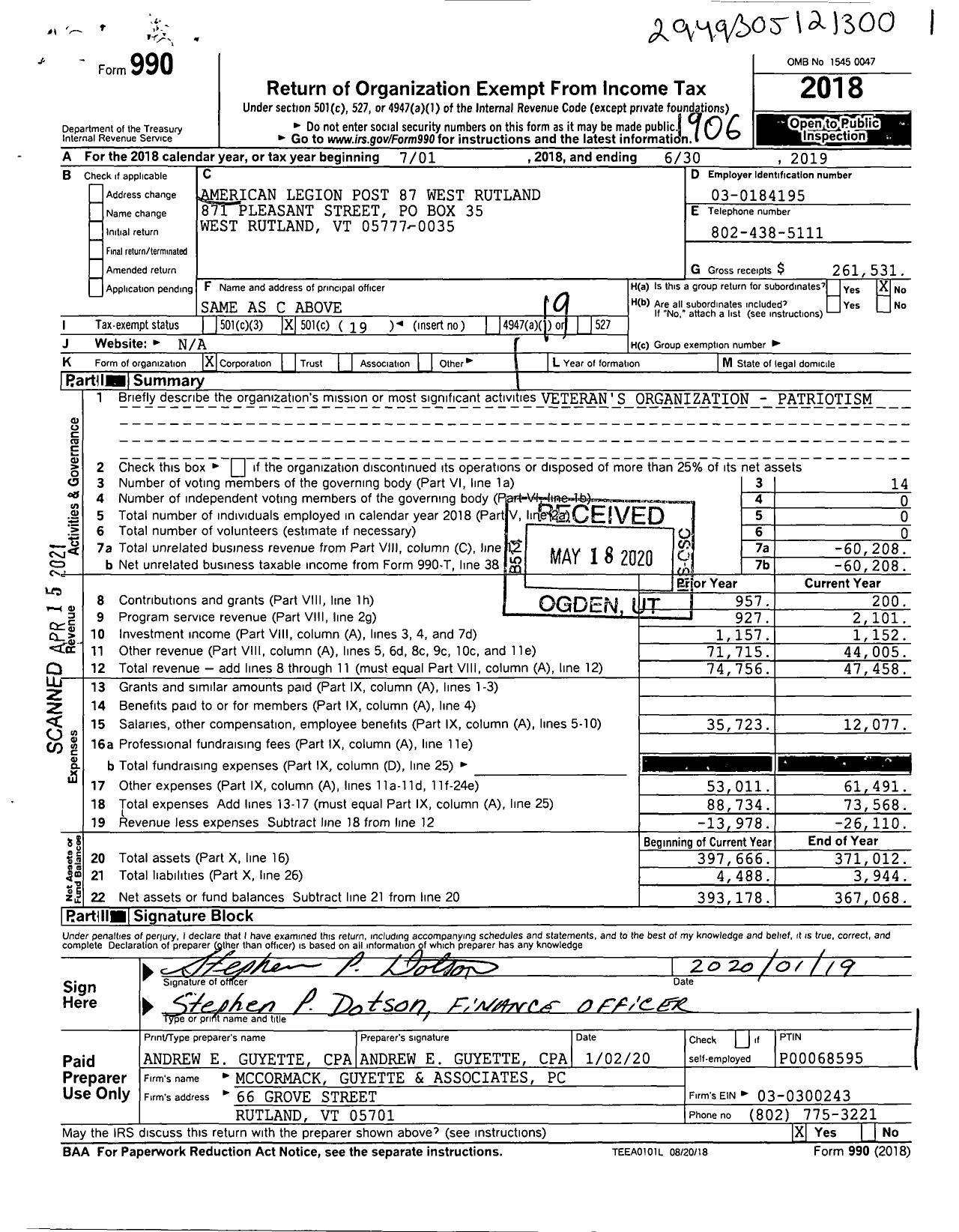 Image of first page of 2018 Form 990O for American Legion Post 87 West Rutland