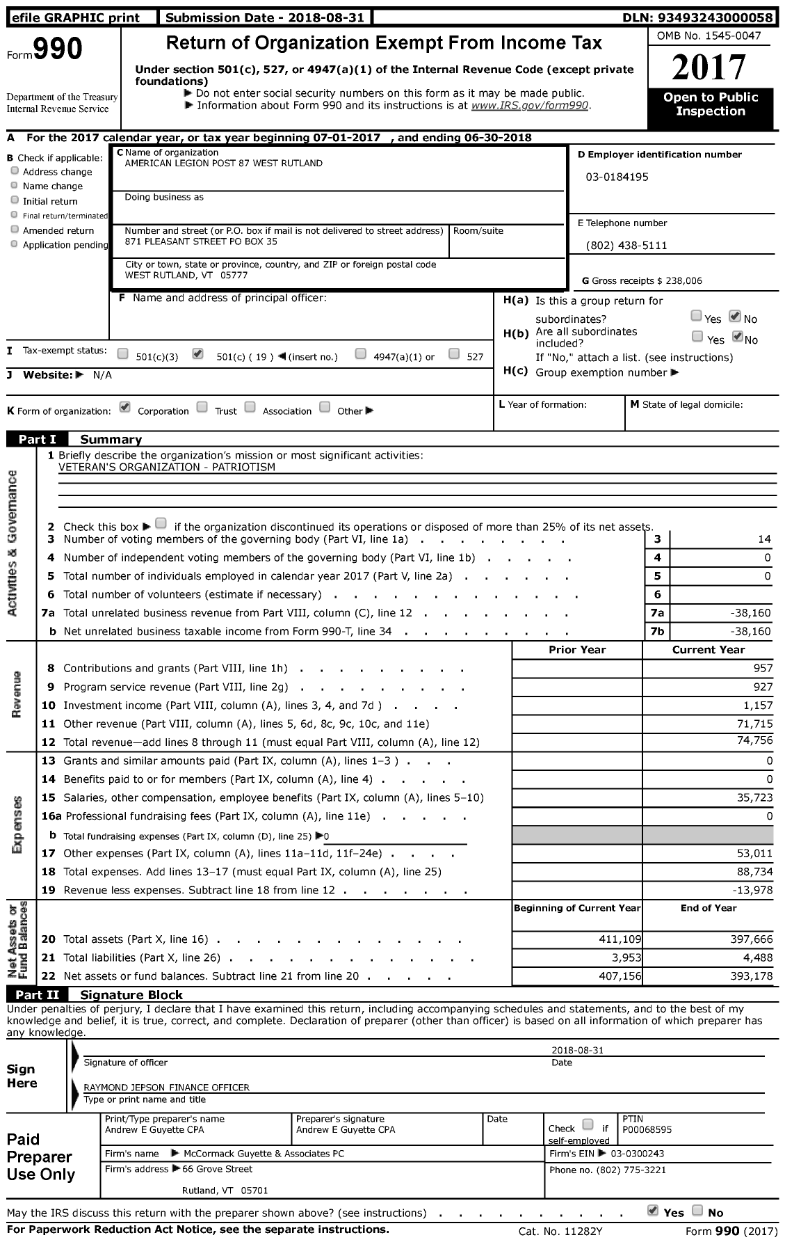 Image of first page of 2017 Form 990 for American Legion Post 87 West Rutland