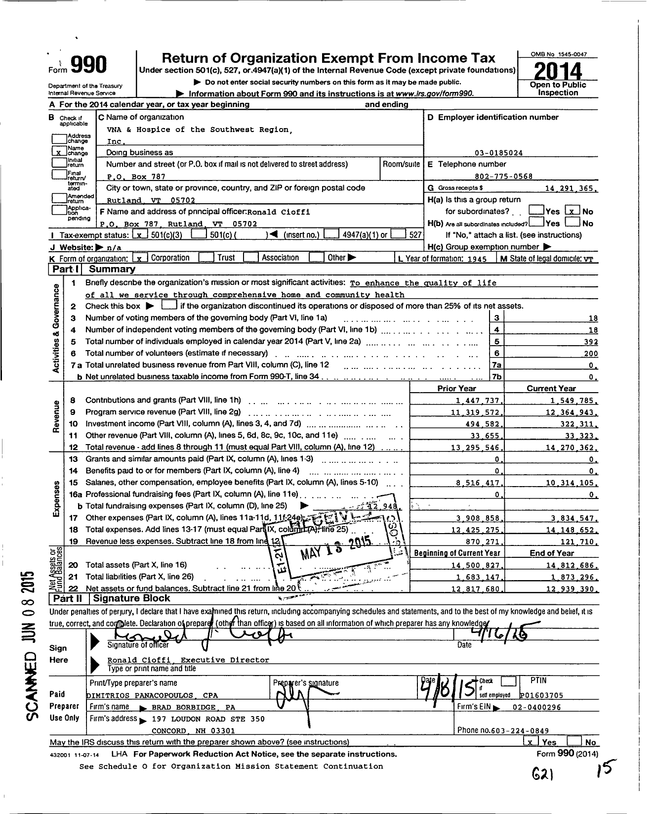 Image of first page of 2014 Form 990 for VNA And Hospice of the Southwest Region