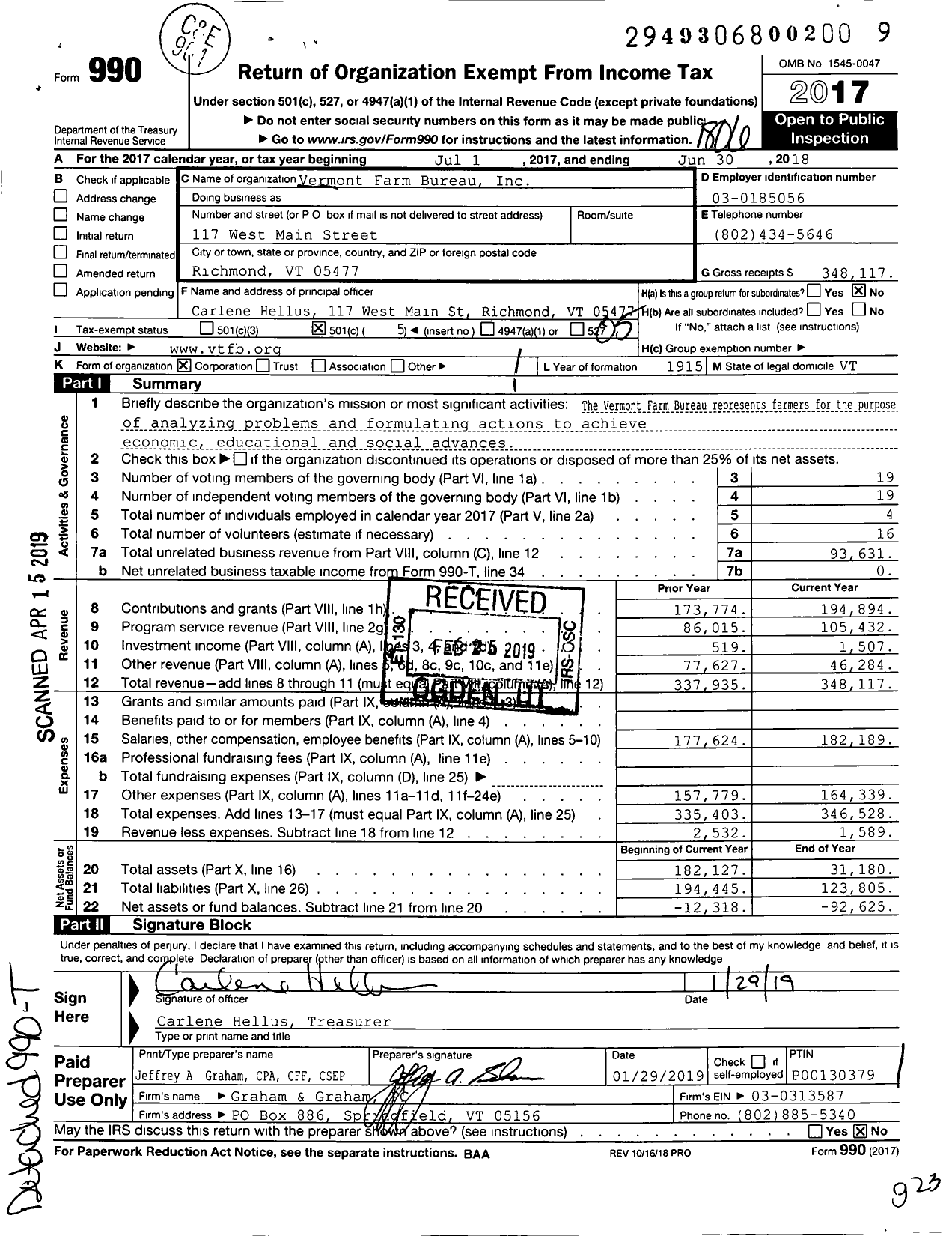 Image of first page of 2017 Form 990O for Vermont Farm Bureau