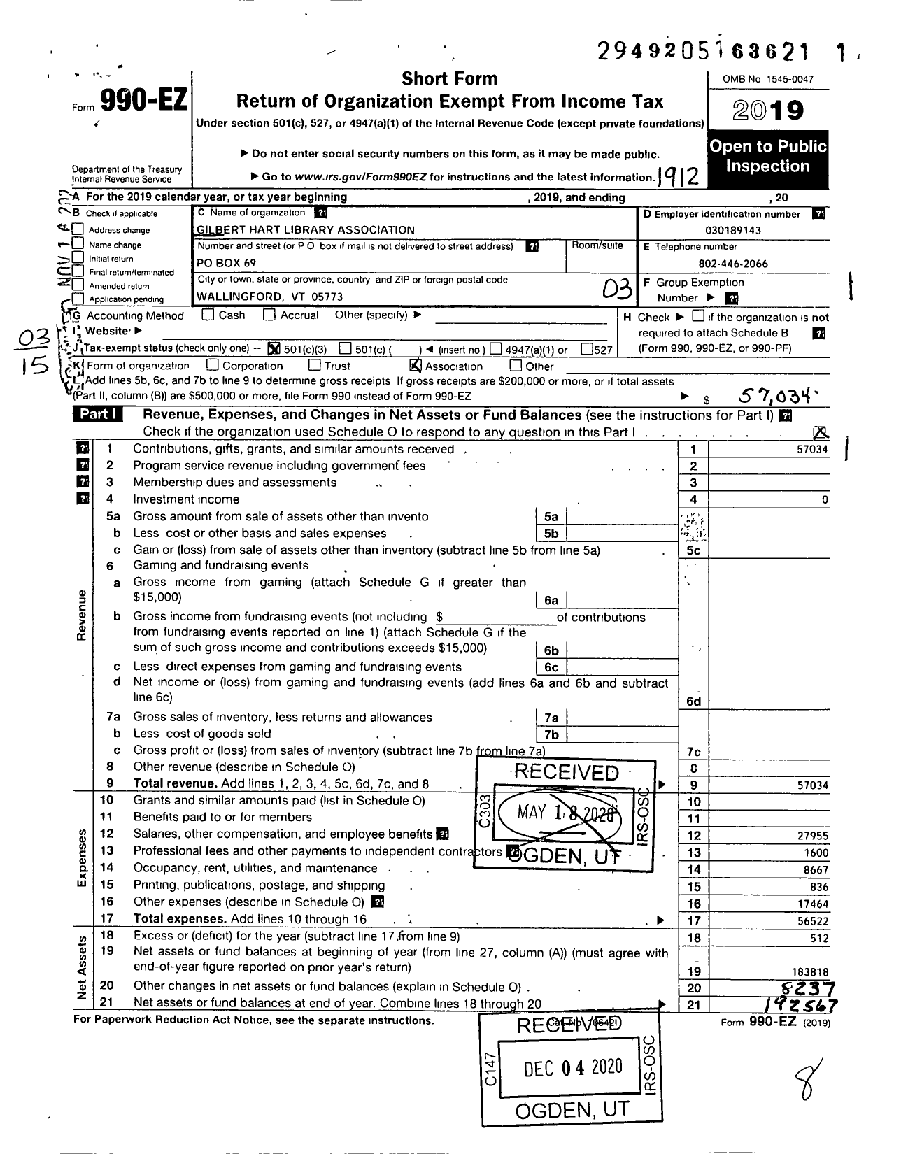 Image of first page of 2019 Form 990EZ for Gilbert Hart Library Association