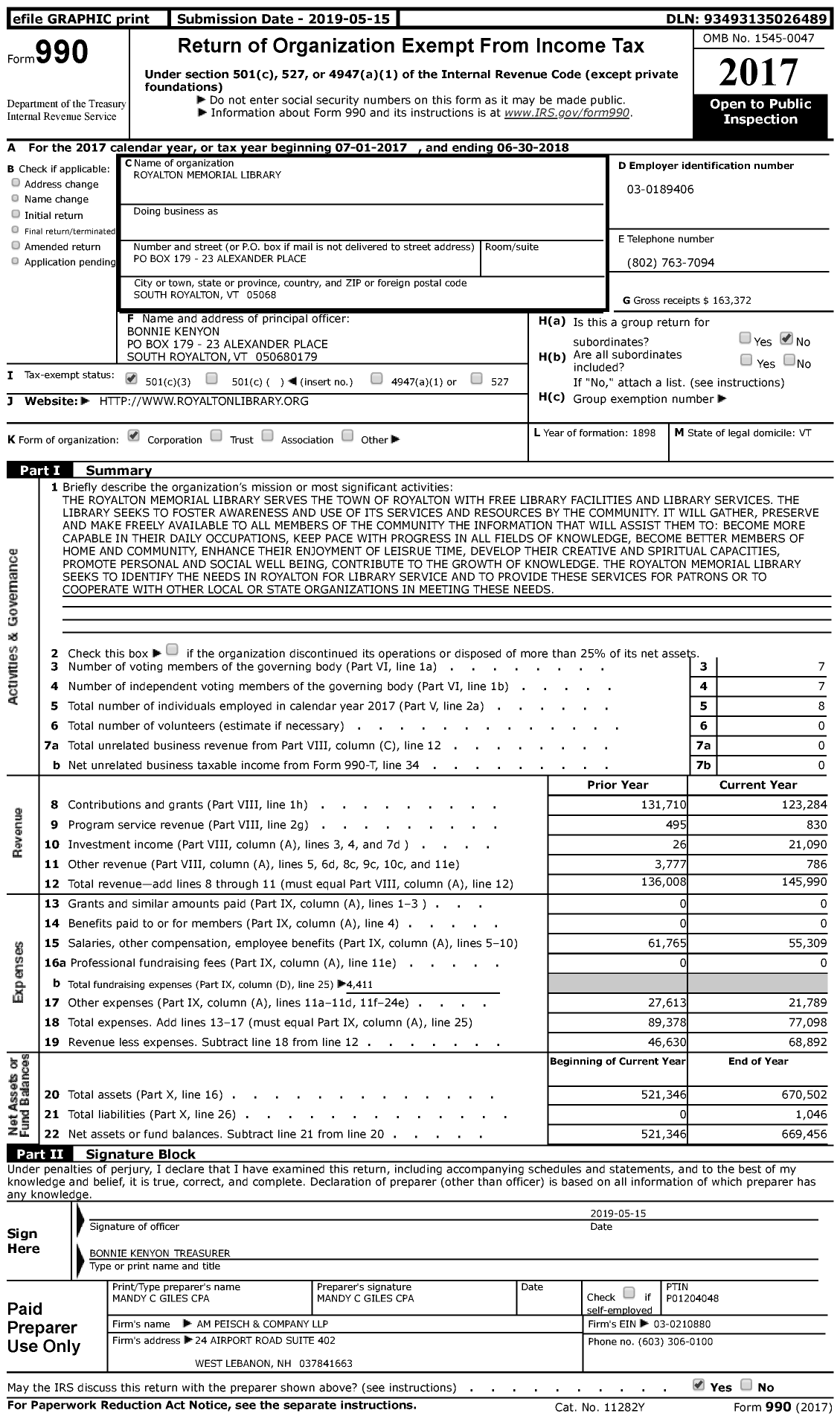 Image of first page of 2017 Form 990 for Royalton Memorial Libary Association