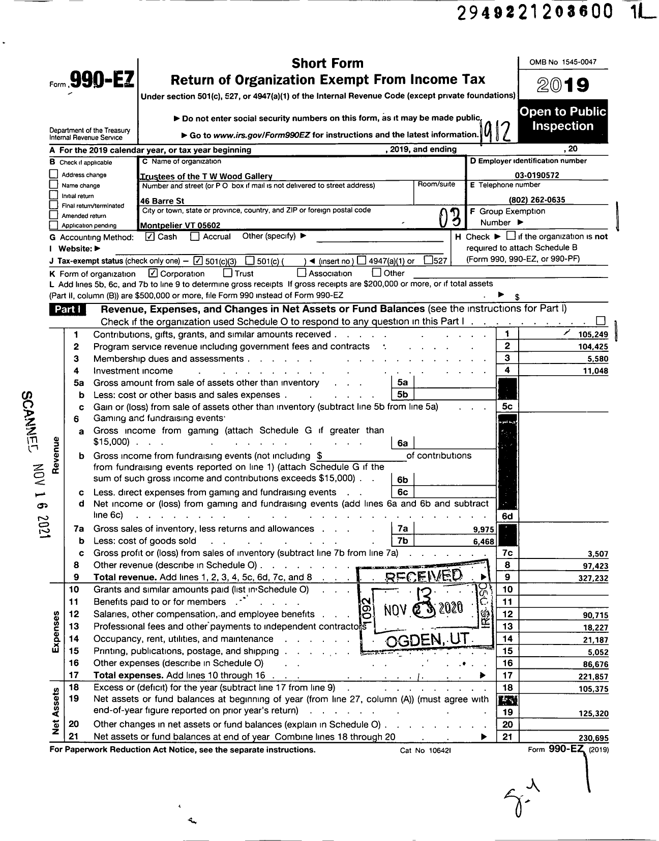 Image of first page of 2019 Form 990EZ for Trustees of the Wood Art Gallery