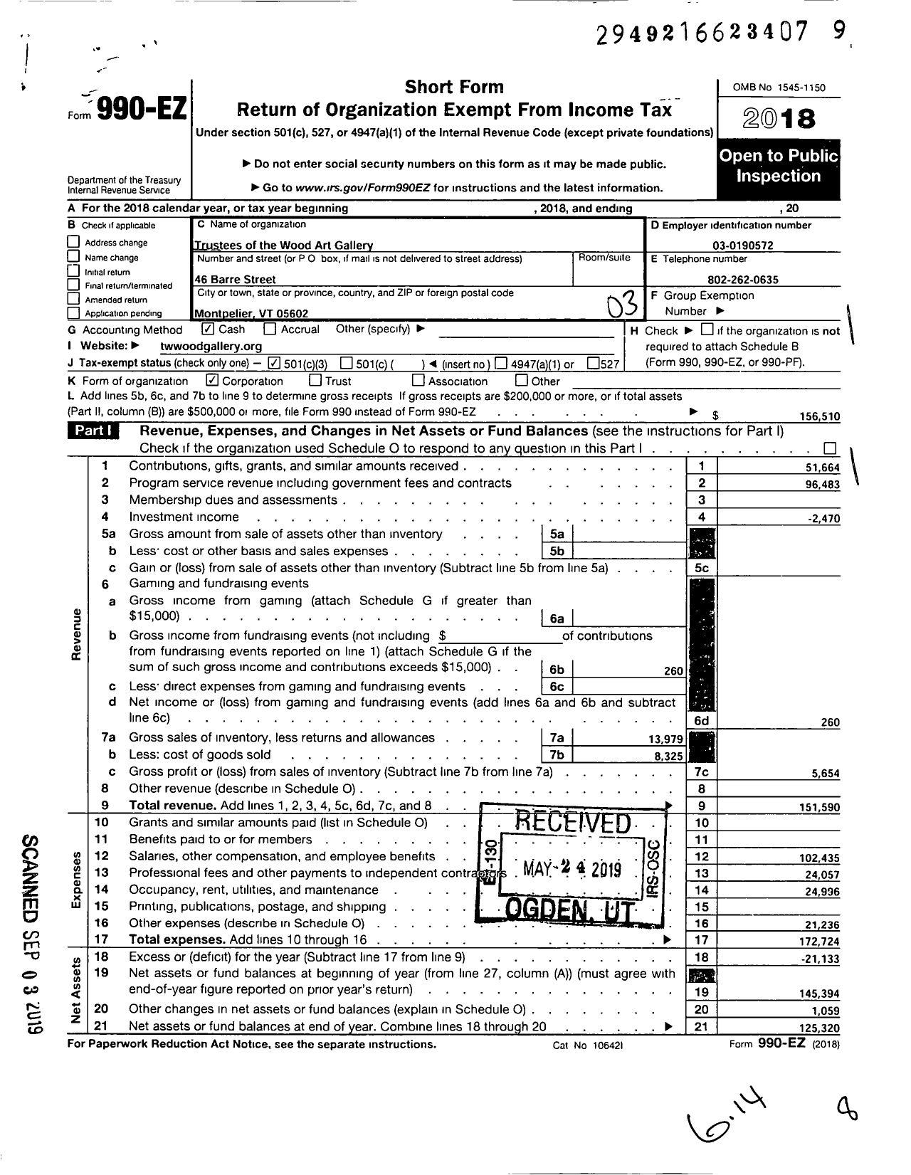 Image of first page of 2018 Form 990EZ for Trustees of the Wood Art Gallery