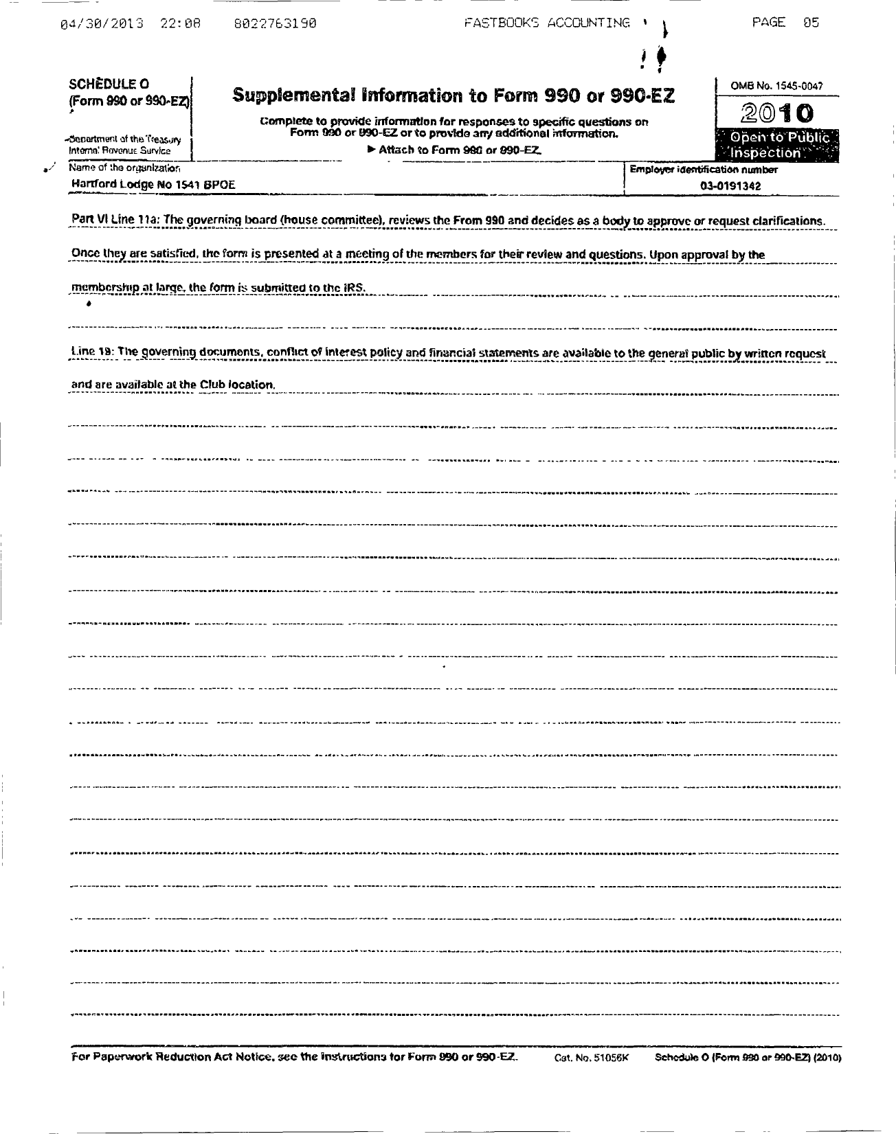 Image of first page of 2010 Form 990OR for Benevolent and Protective Order of Elks - 1541 Hartford