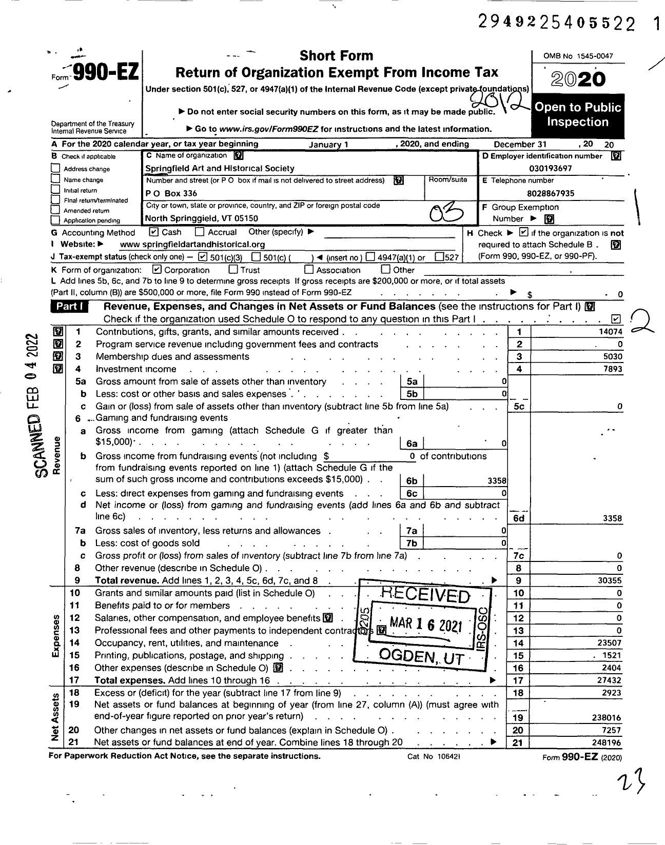 Image of first page of 2020 Form 990EZ for Springfield Art and Historical Society