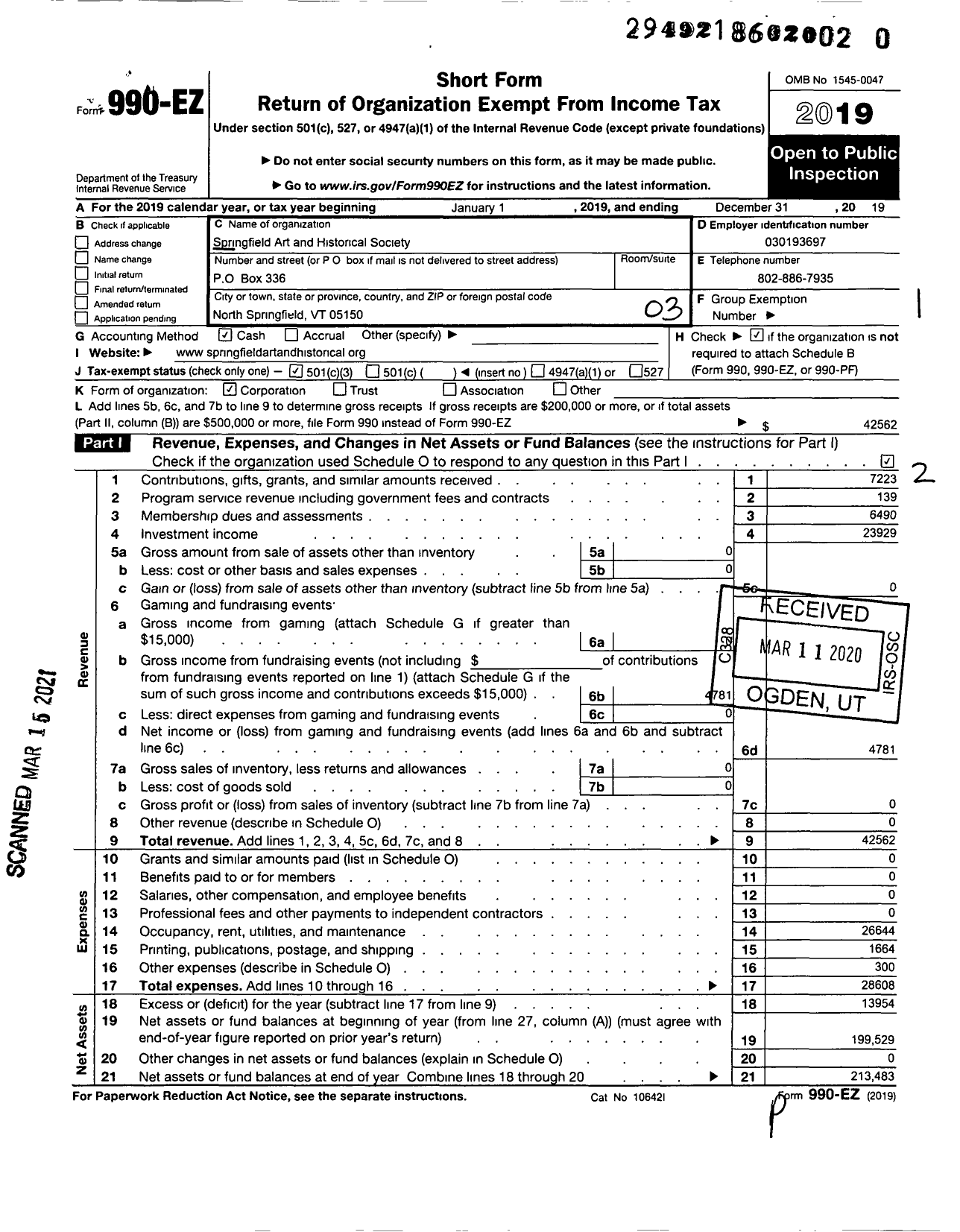 Image of first page of 2019 Form 990EZ for Springfield Art and Historical Society