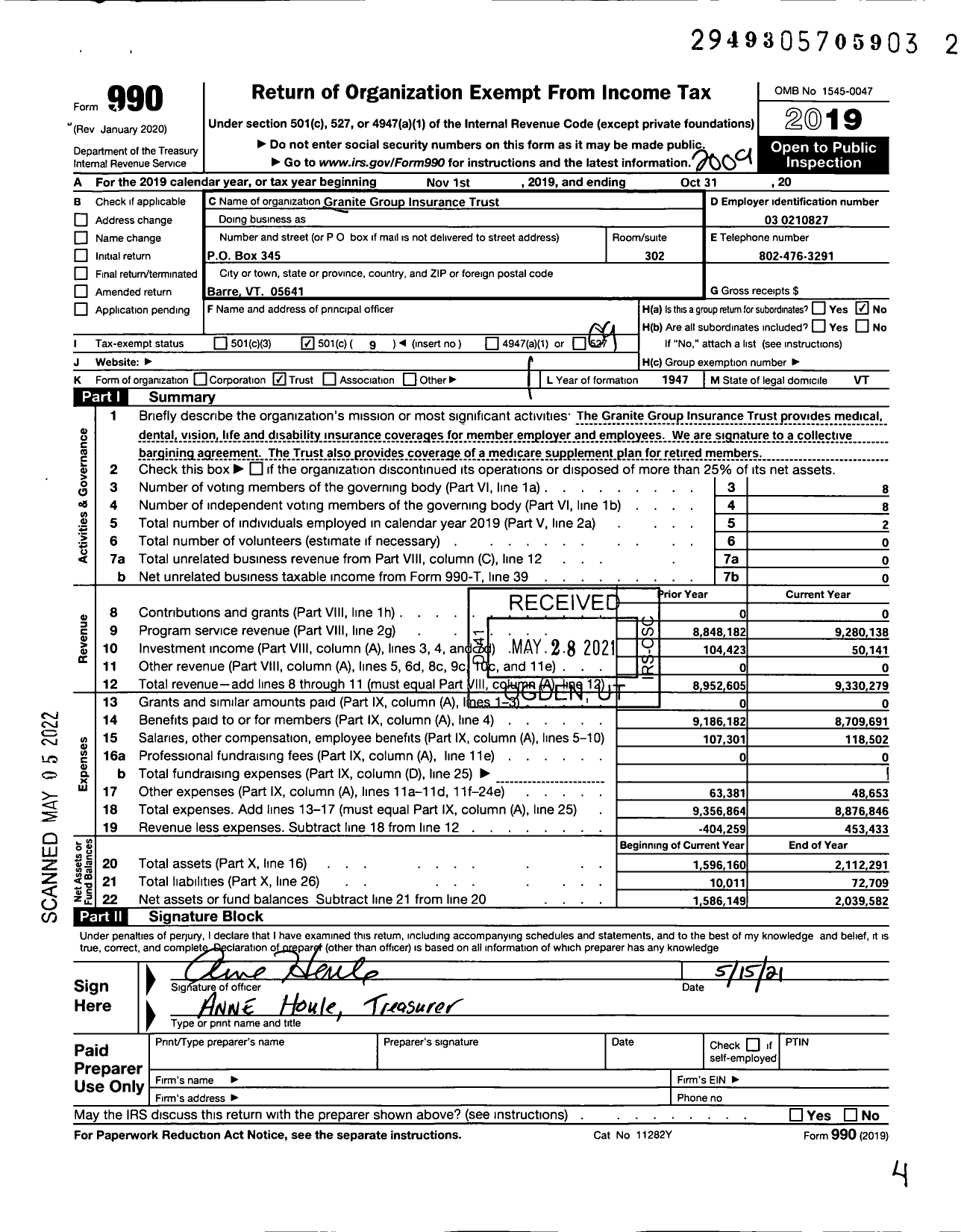 Image of first page of 2019 Form 990O for Granite Group Insurance Trust