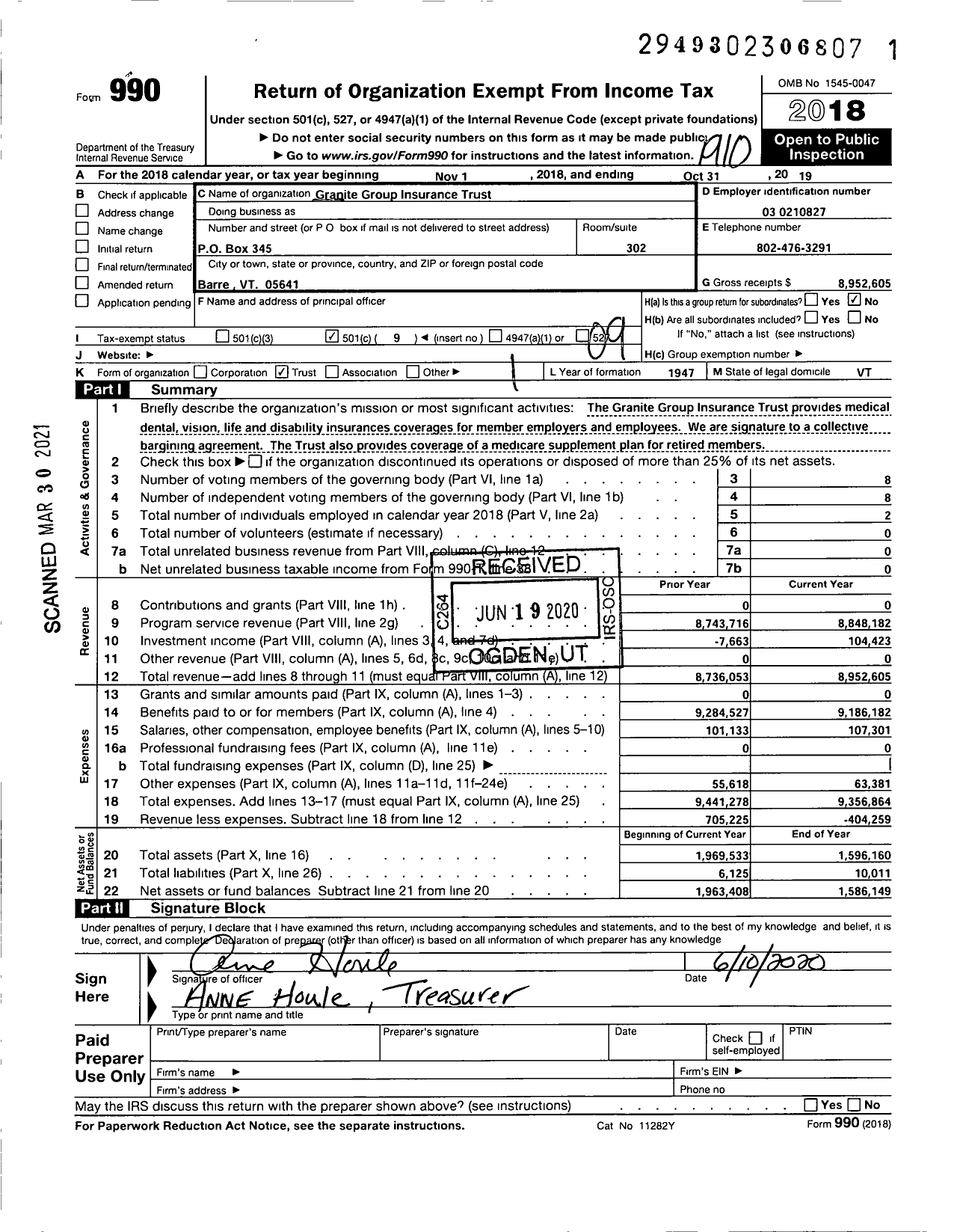 Image of first page of 2018 Form 990O for Granite Group Insurance Trust