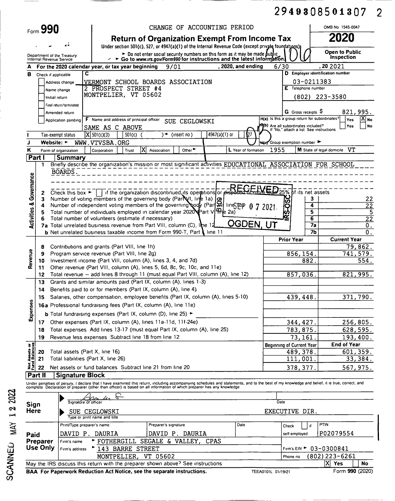 Image of first page of 2020 Form 990 for Vermont School Boards Association