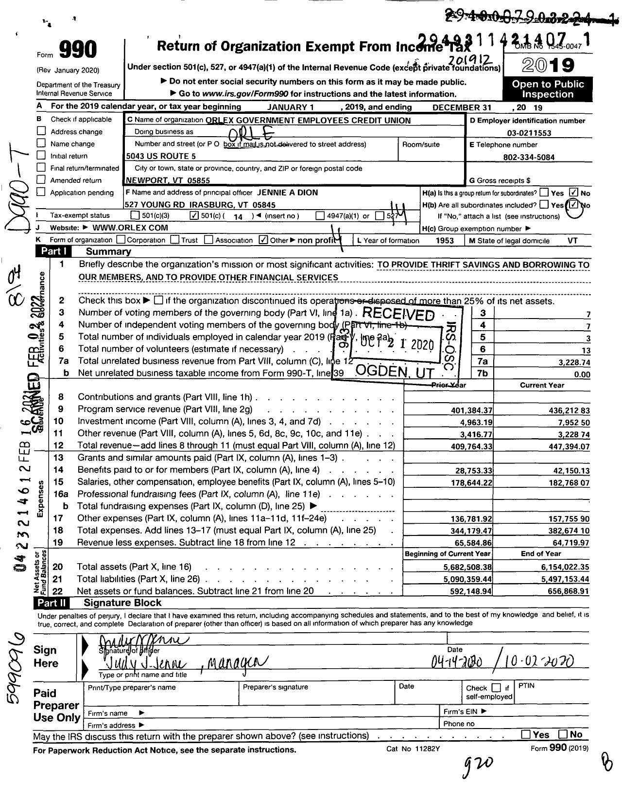 Image of first page of 2019 Form 990O for Orlex Government Employees Credit Union