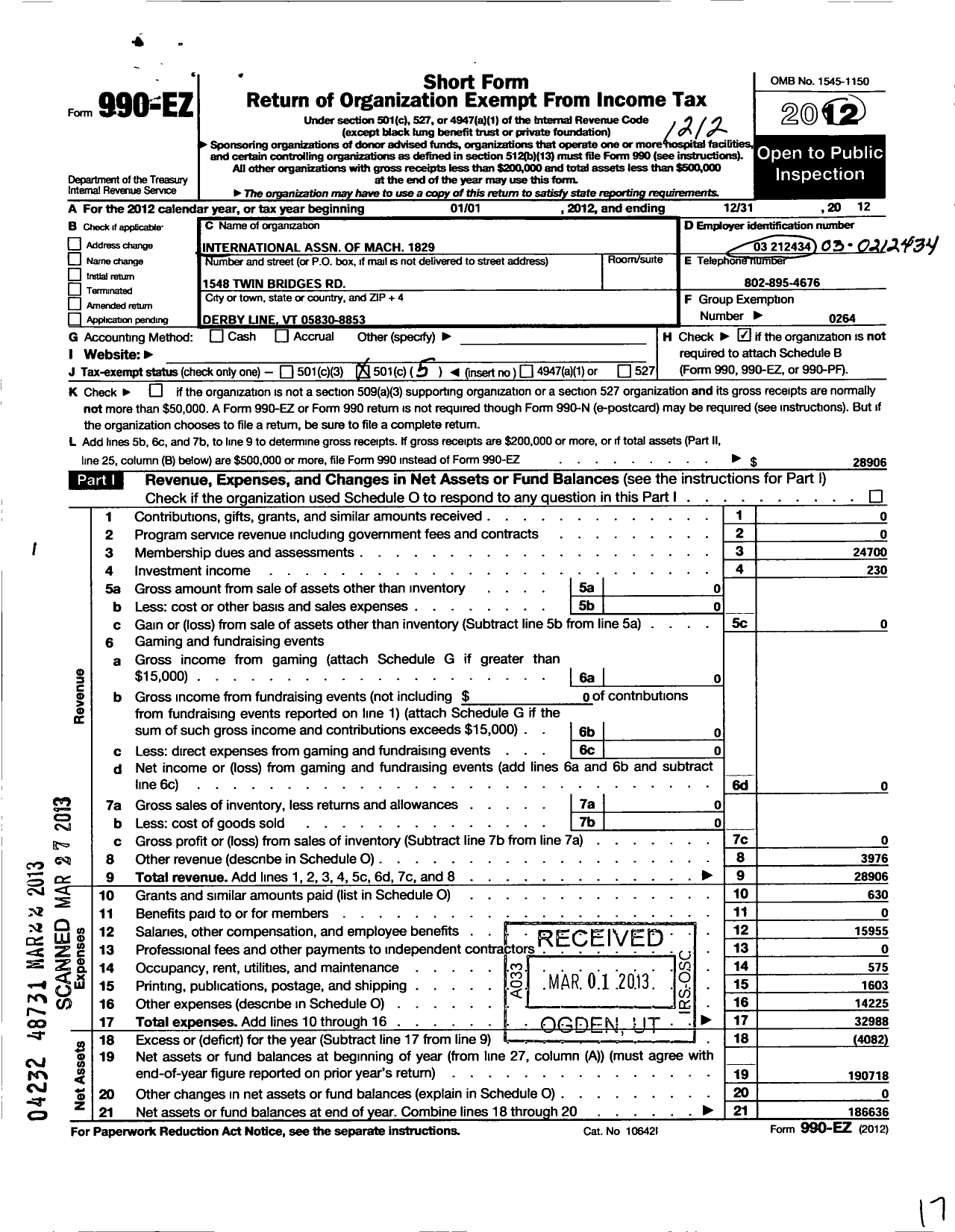 Image of first page of 2012 Form 990EO for International Association of Machinists and Aerospace Workers - 1829