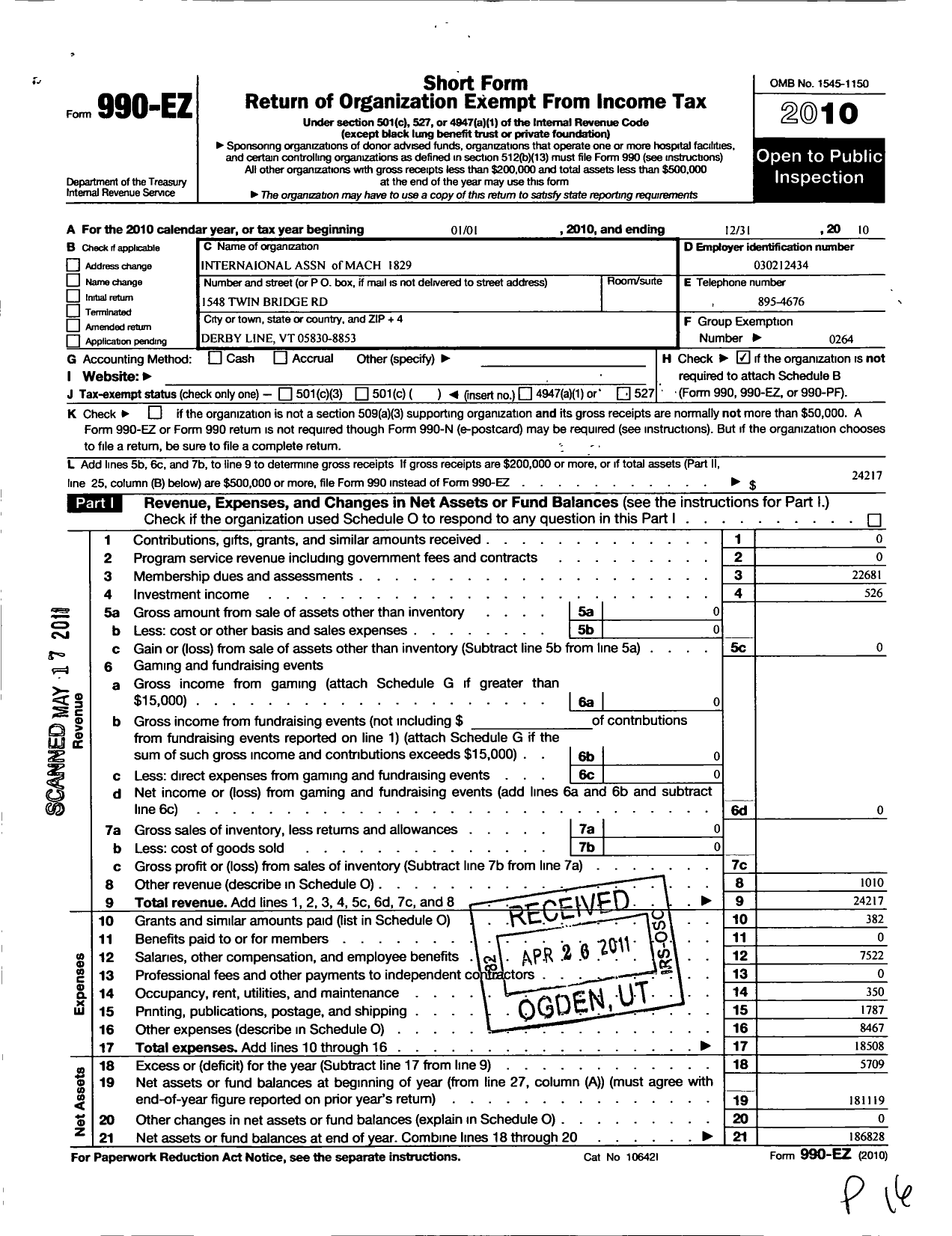 Image of first page of 2010 Form 990EO for International Association of Machinists and Aerospace Workers - 1829