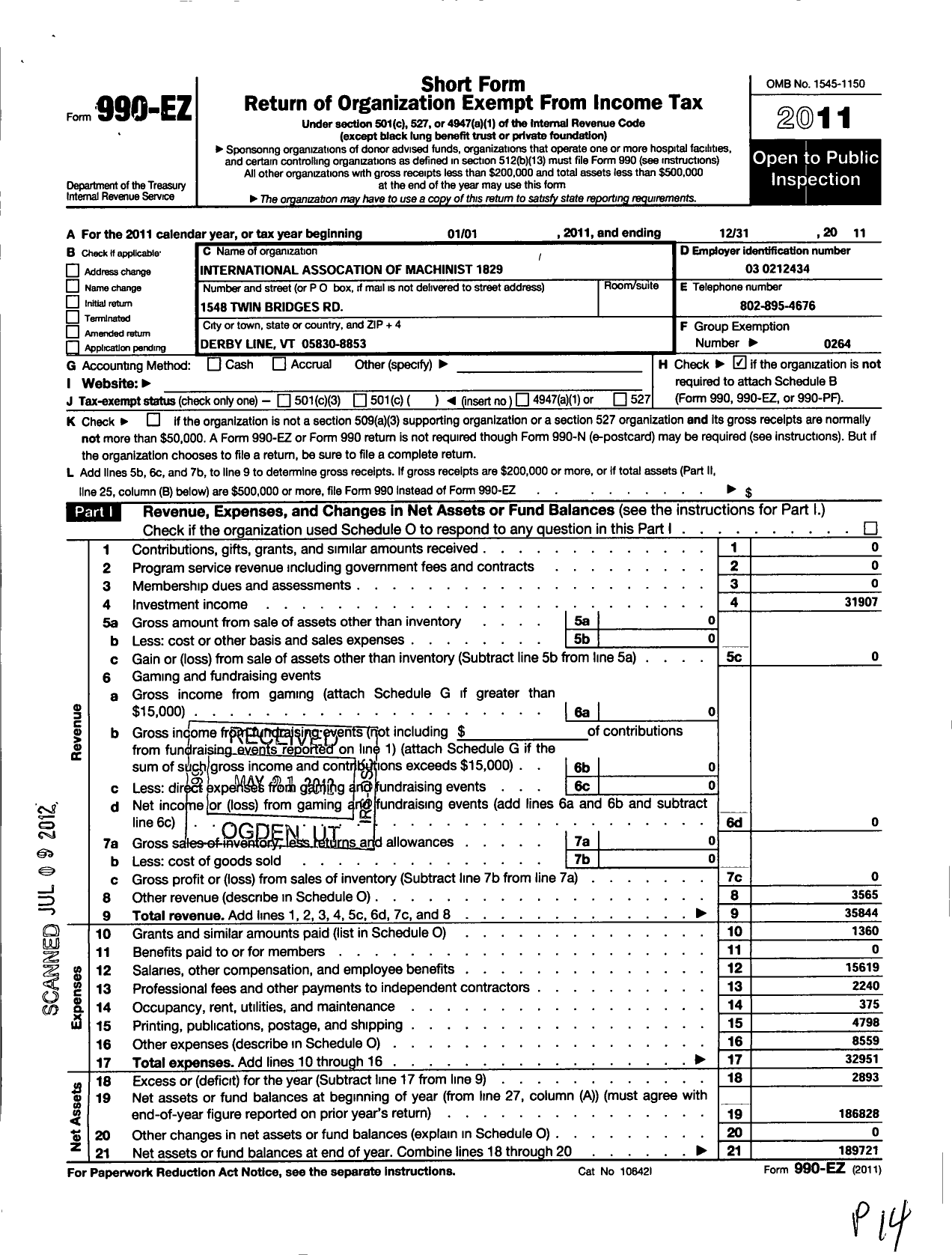 Image of first page of 2011 Form 990EO for International Association of Machinists and Aerospace Workers - 1829