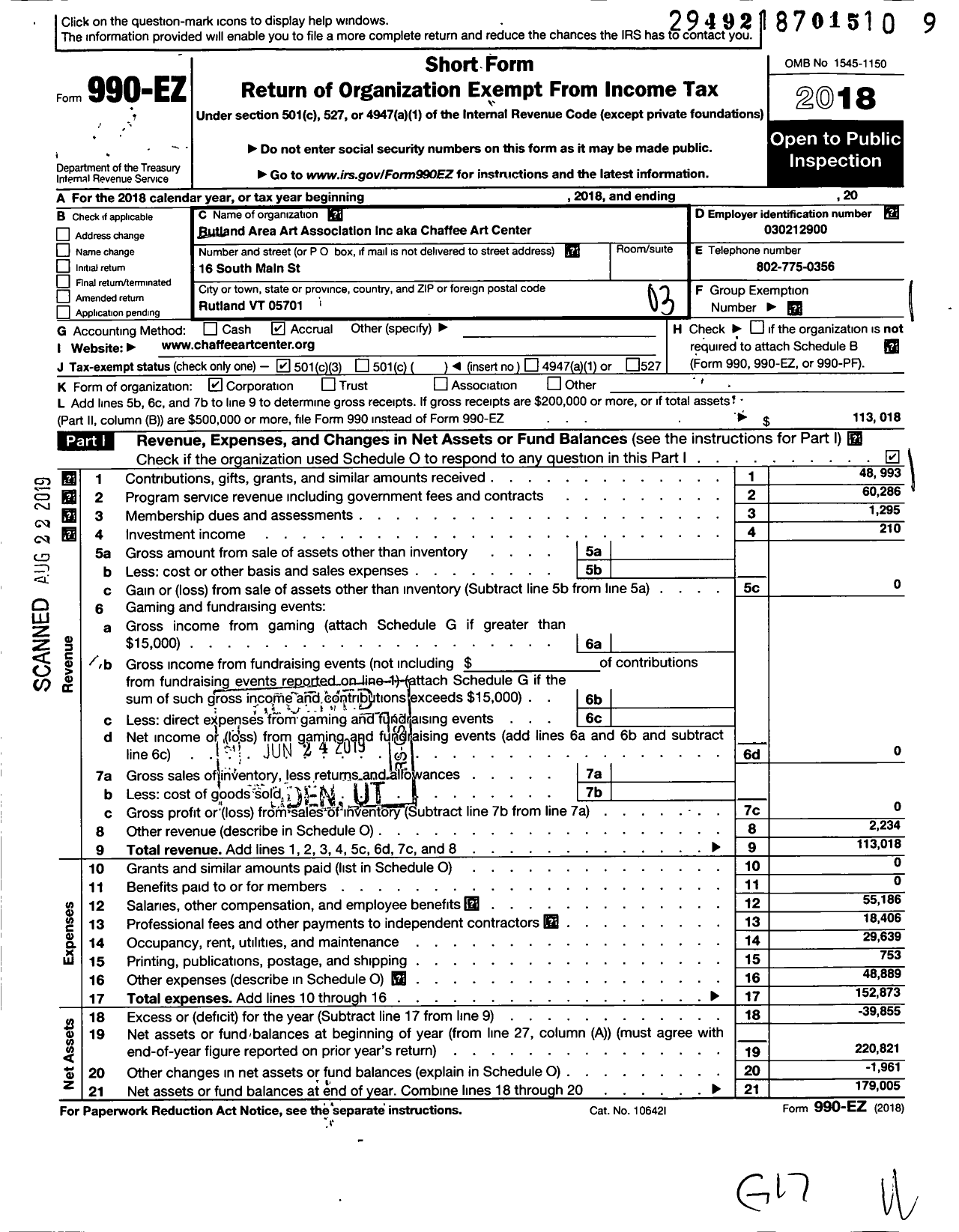 Image of first page of 2018 Form 990EZ for Chaffee Art Center