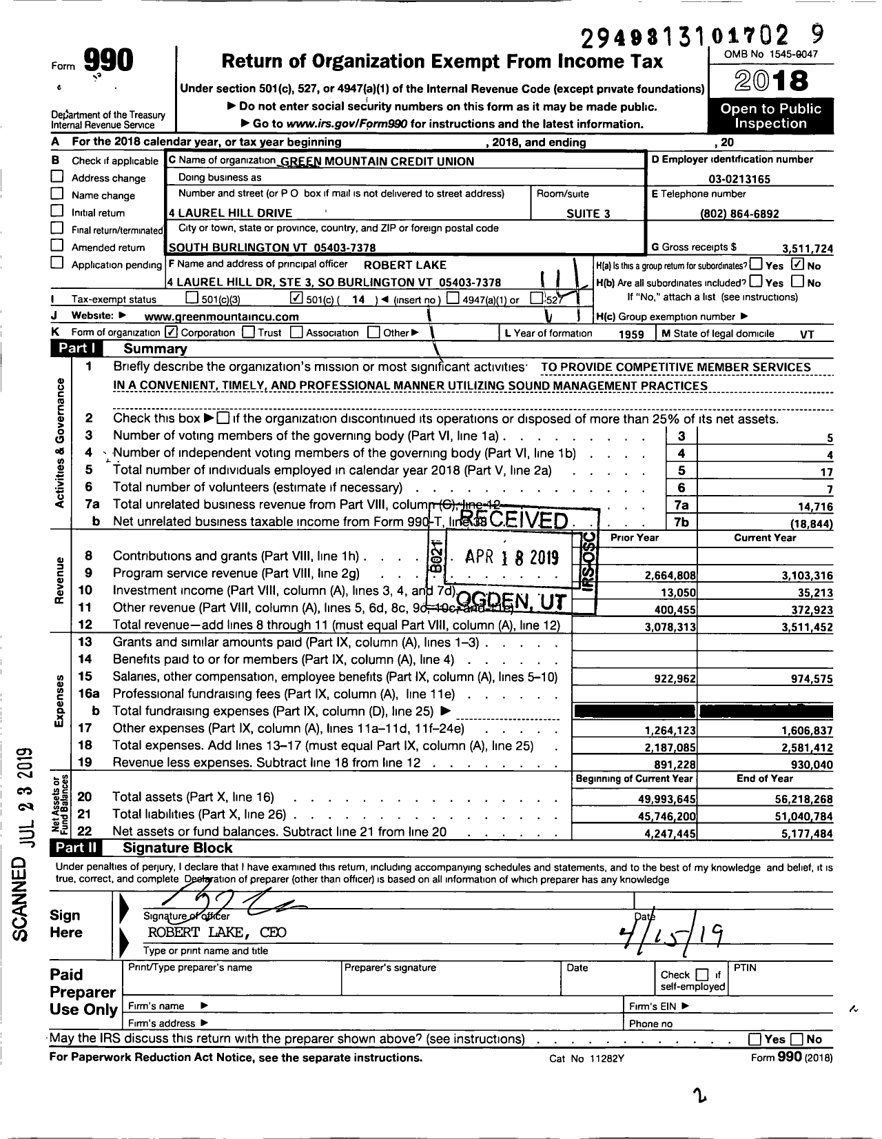 Image of first page of 2018 Form 990O for Green Mountain Credit Union