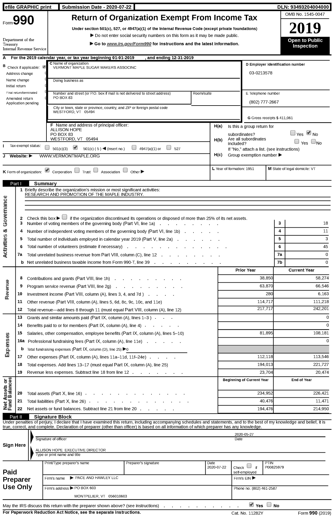 Image of first page of 2019 Form 990 for Vermont Maple Sugar Makers Associnc