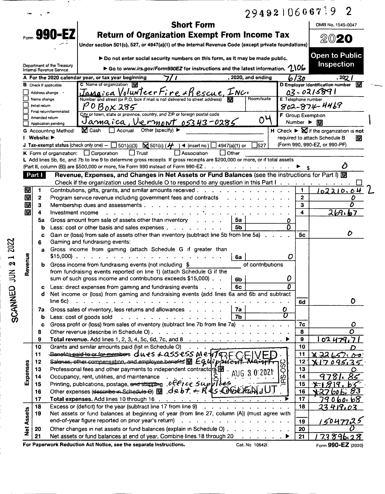 Image of first page of 2020 Form 990EO for Jamaica Volunteer Fire and Rescue Inc0