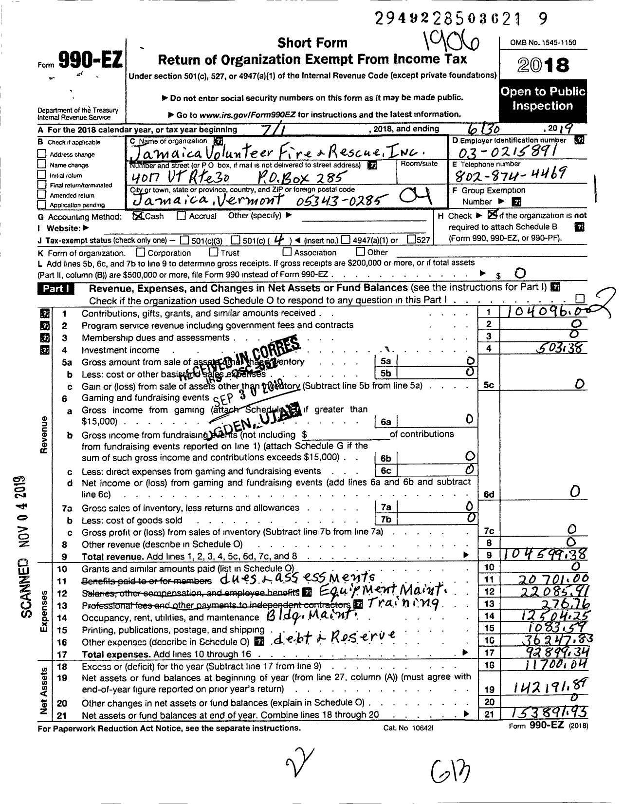 Image of first page of 2018 Form 990EO for Jamaica Volunteer Fire and Rescue Inc0