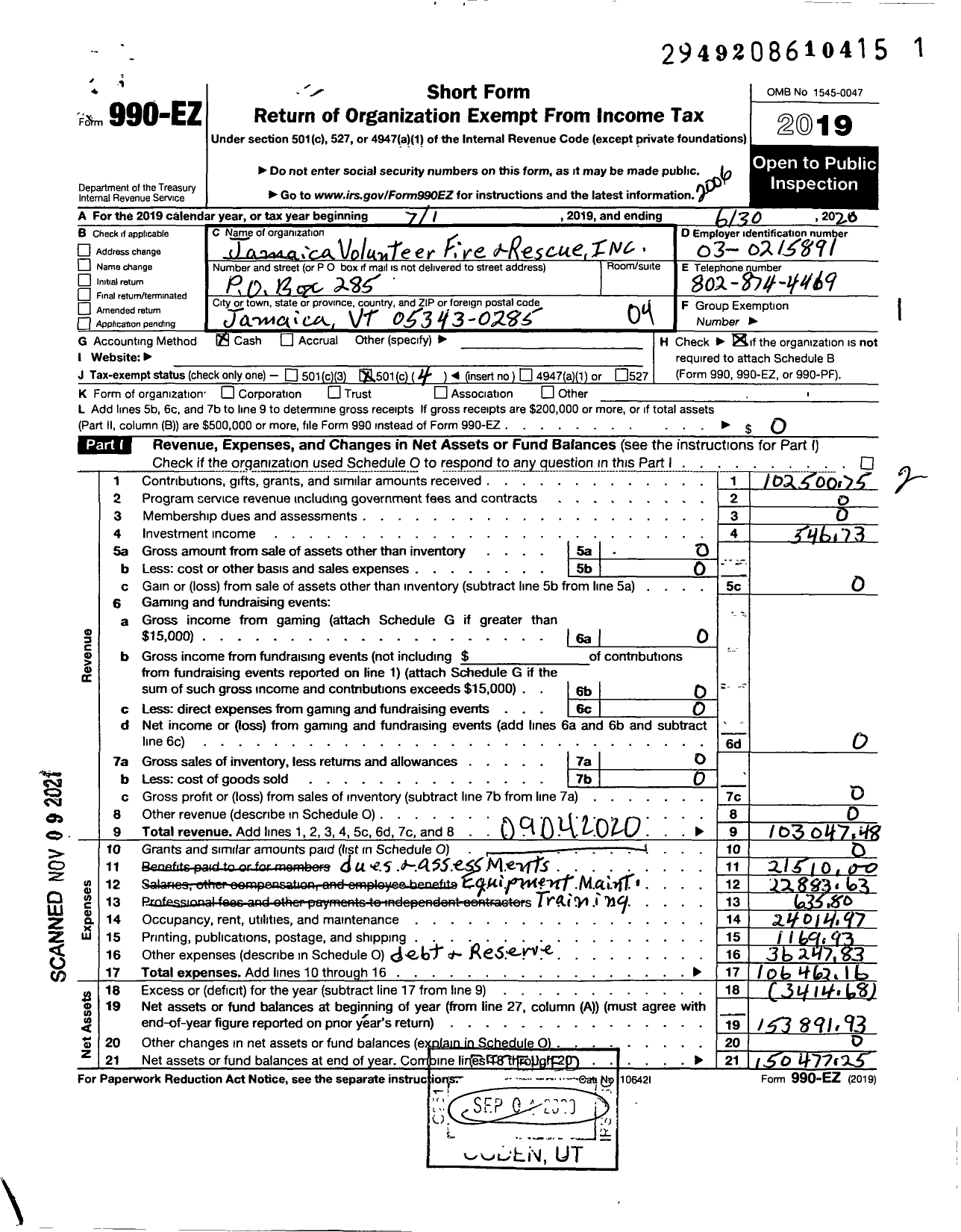 Image of first page of 2019 Form 990EO for Jamaica Volunteer Fire and Rescue Inc0