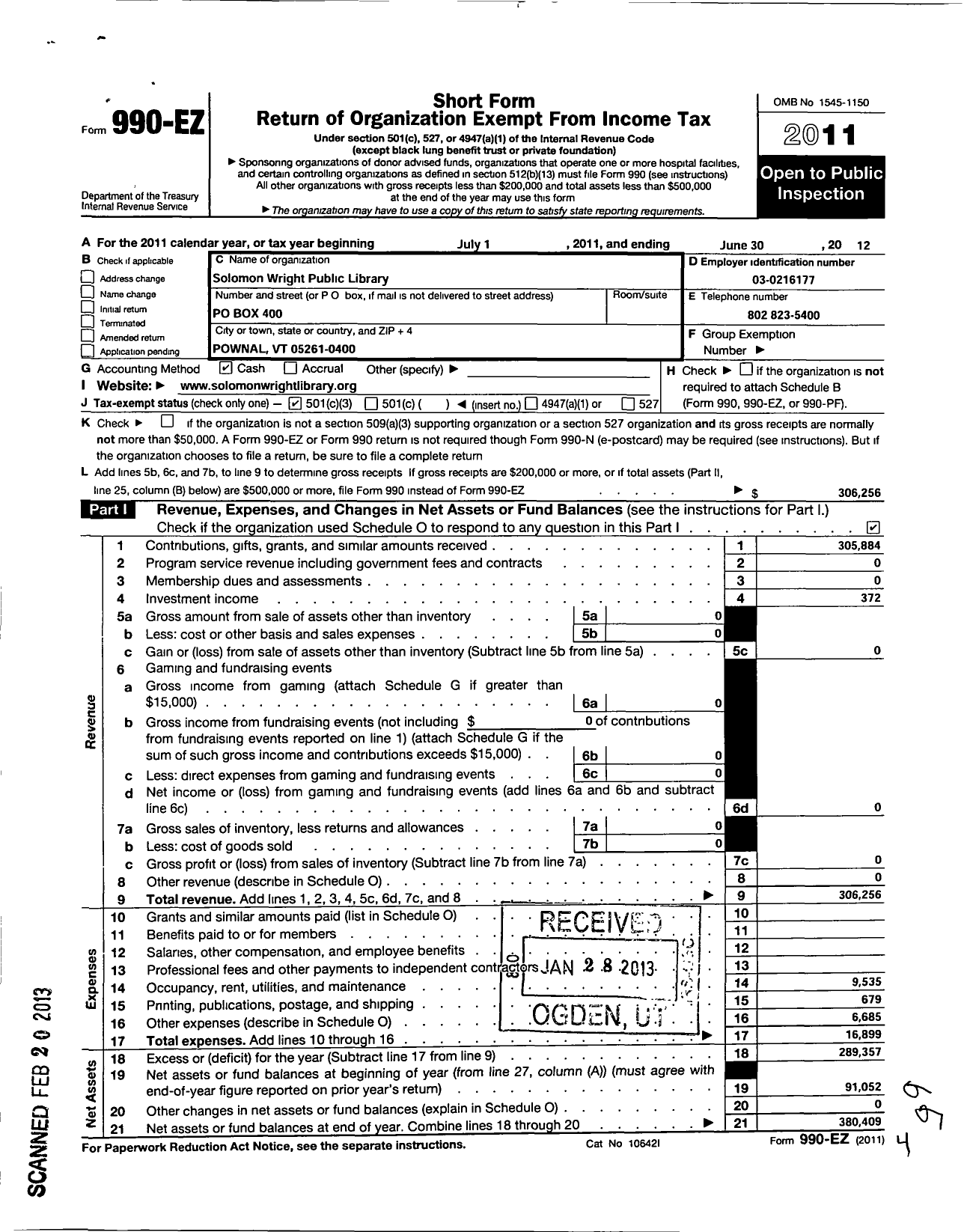 Image of first page of 2011 Form 990EZ for Solomon Wright Public Library