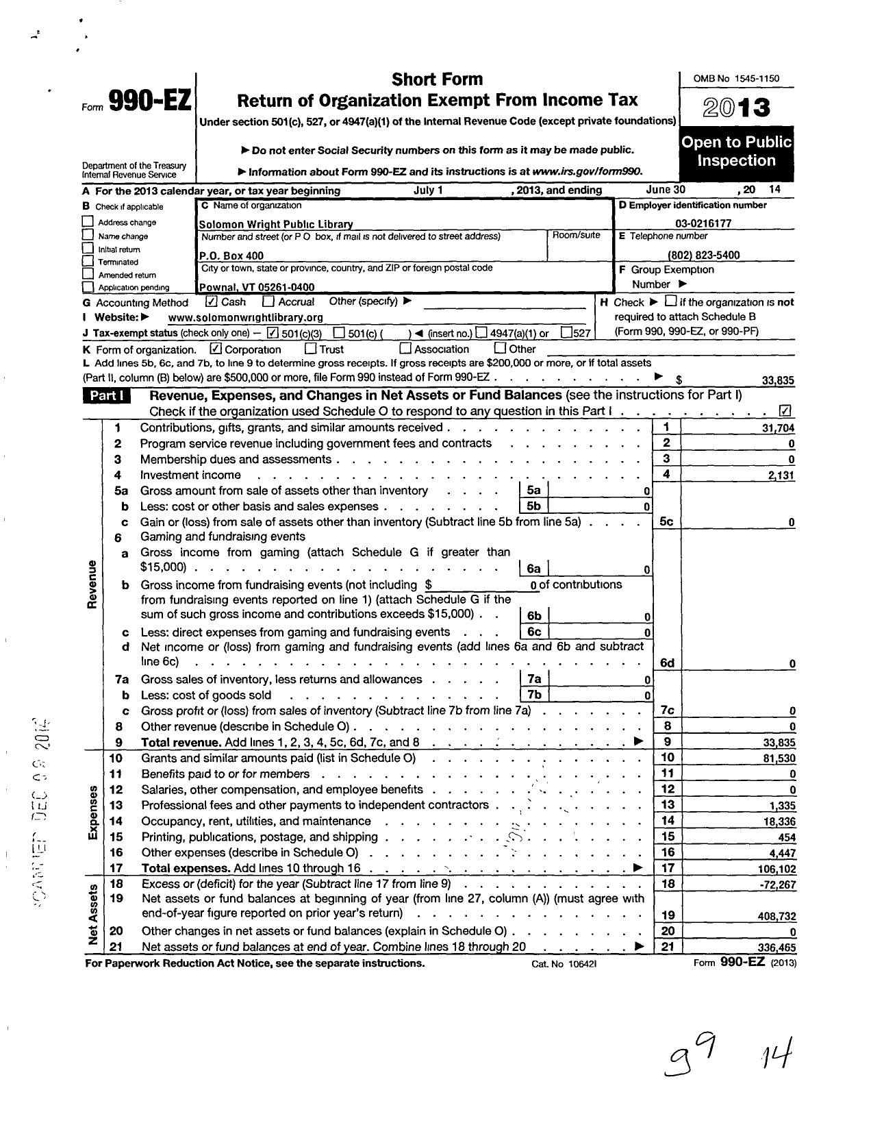 Image of first page of 2013 Form 990EZ for Solomon Wright Public Library