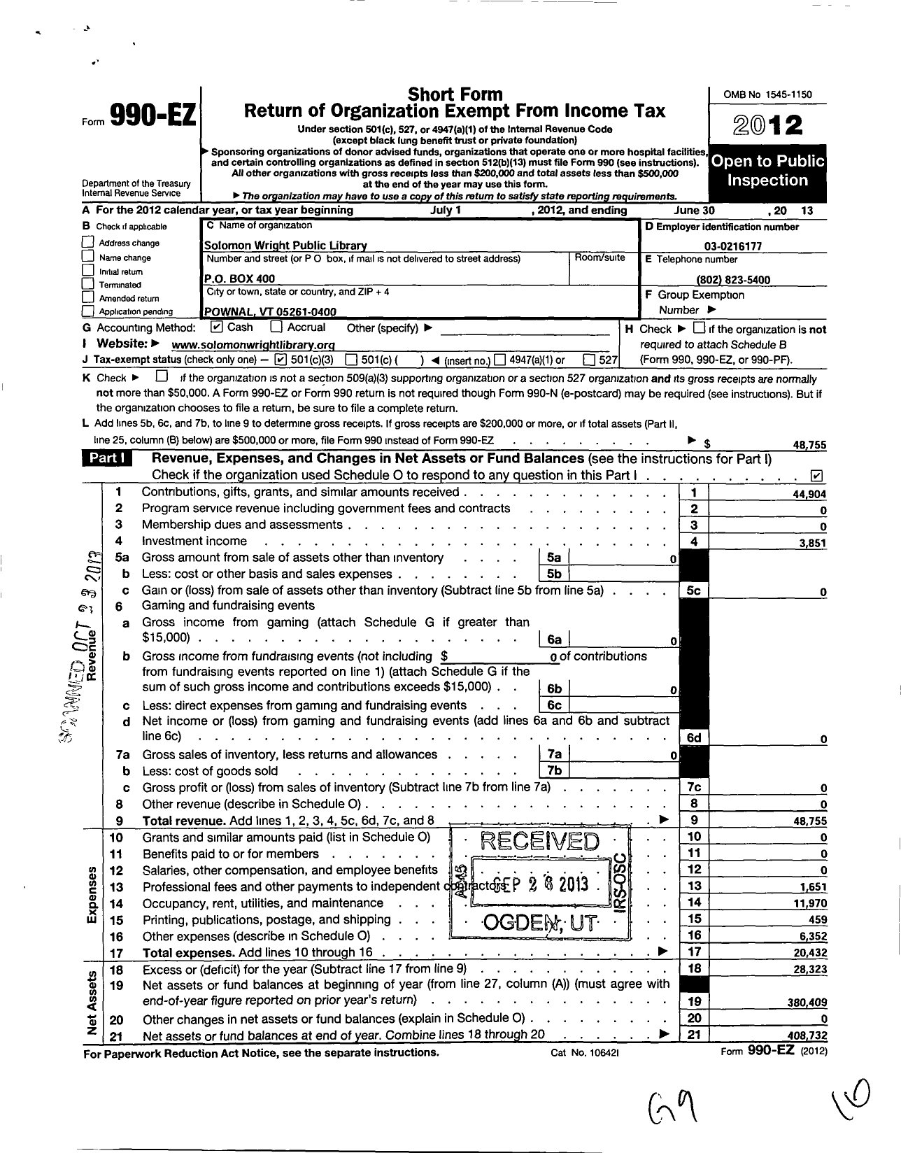 Image of first page of 2012 Form 990EZ for Solomon Wright Public Library