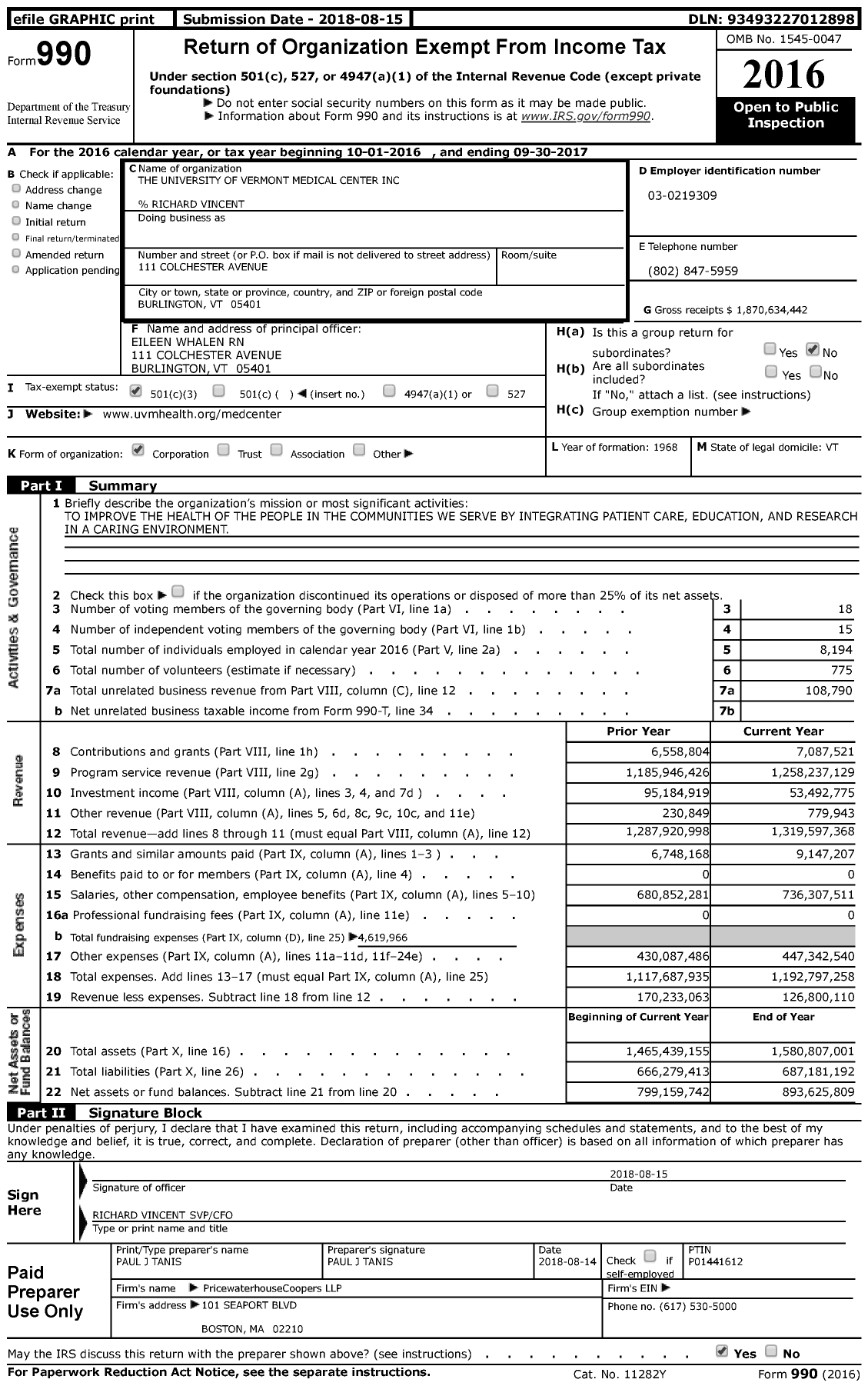 Image of first page of 2016 Form 990 for The University of Vermont Medical Center (UVM)