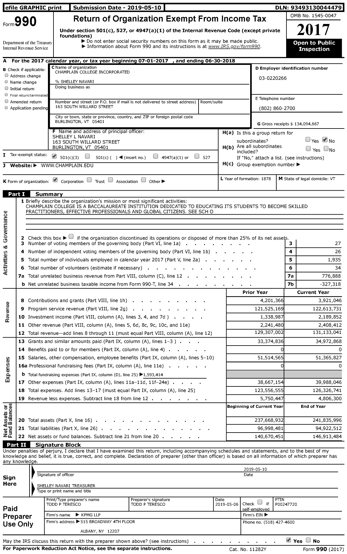 Image of first page of 2017 Form 990 for Champlain College