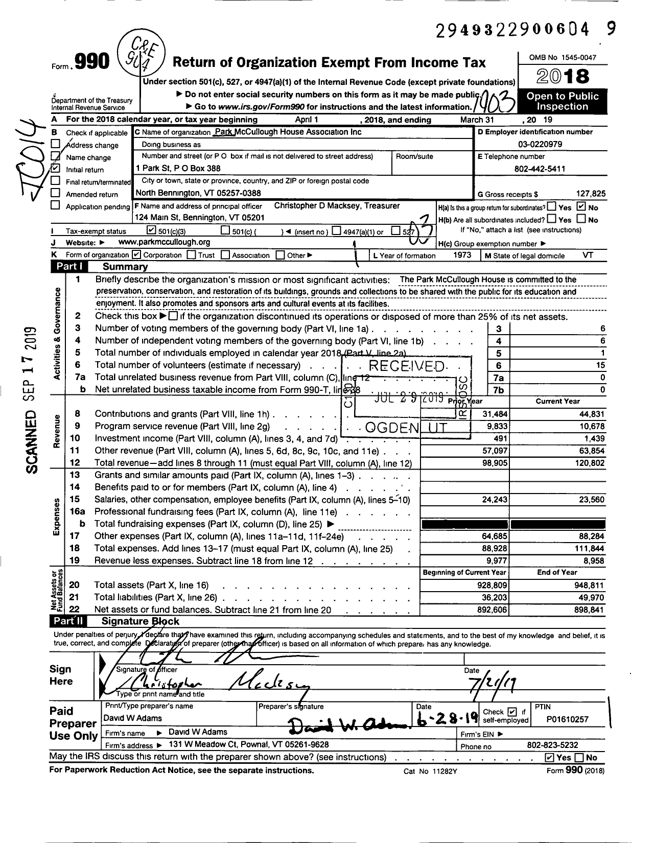 Image of first page of 2018 Form 990 for Park Mccullough House Association