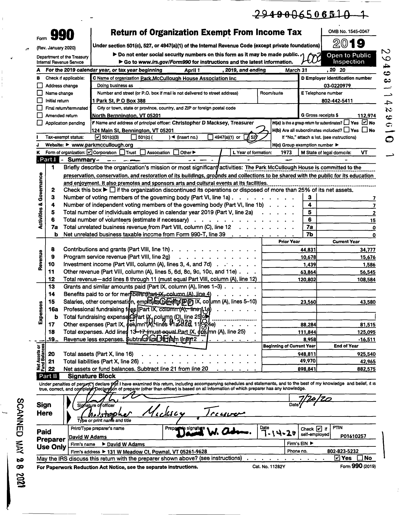 Image of first page of 2019 Form 990 for Park Mccullough House Association