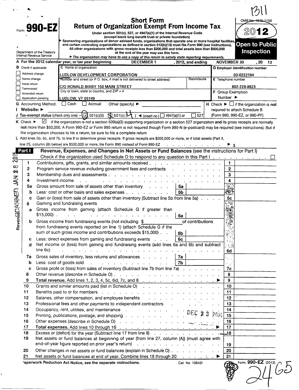 Image of first page of 2012 Form 990EO for Ludlow Development Corporation