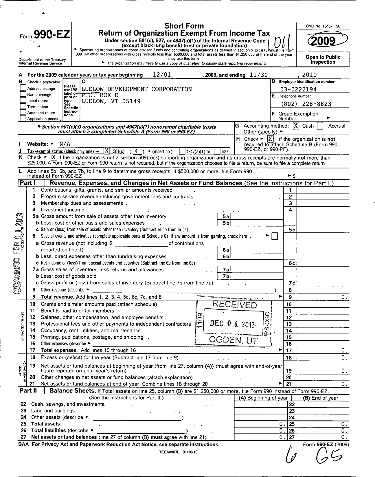 Image of first page of 2009 Form 990EO for Ludlow Development Corporation