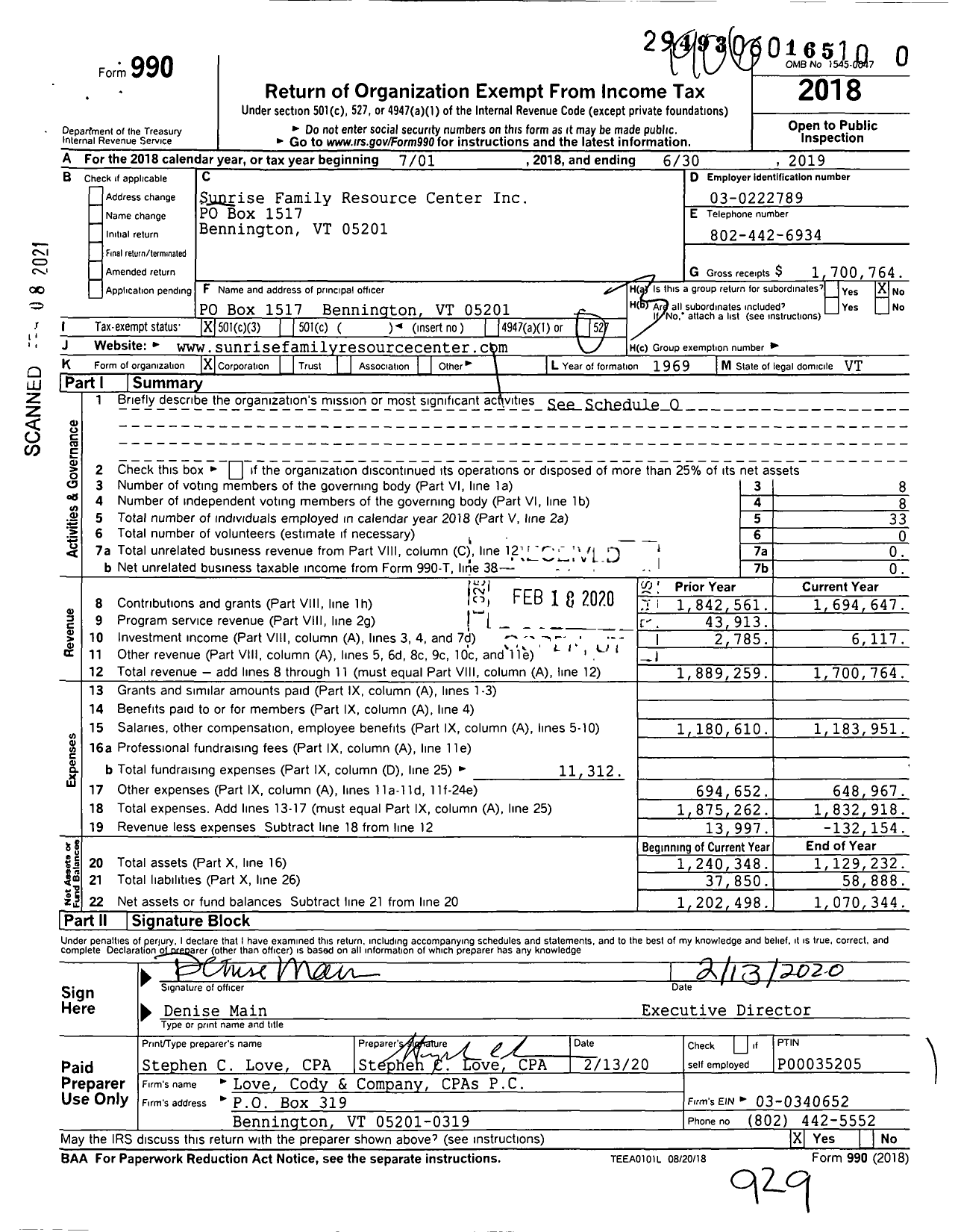 Image of first page of 2018 Form 990 for Sunrise Family Resource Center