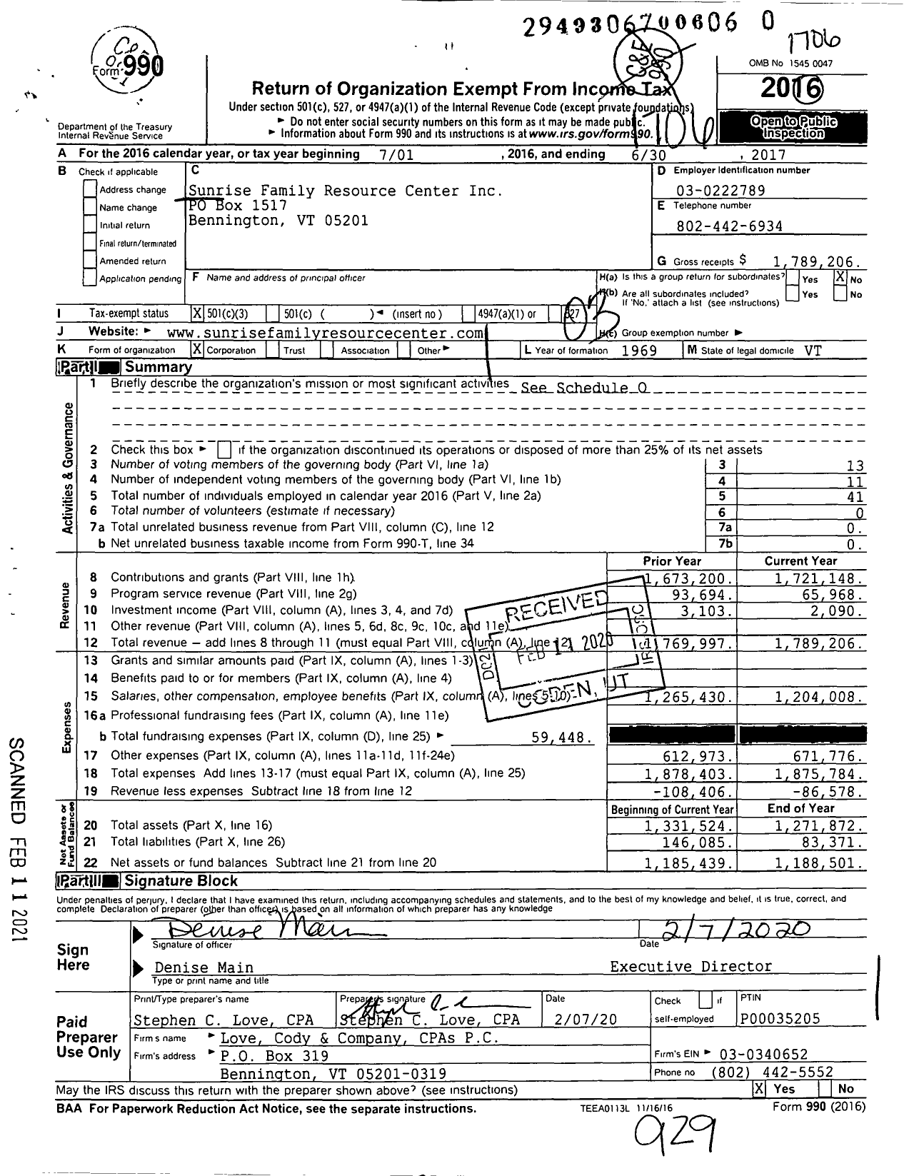 Image of first page of 2016 Form 990 for Sunrise Family Resource Center