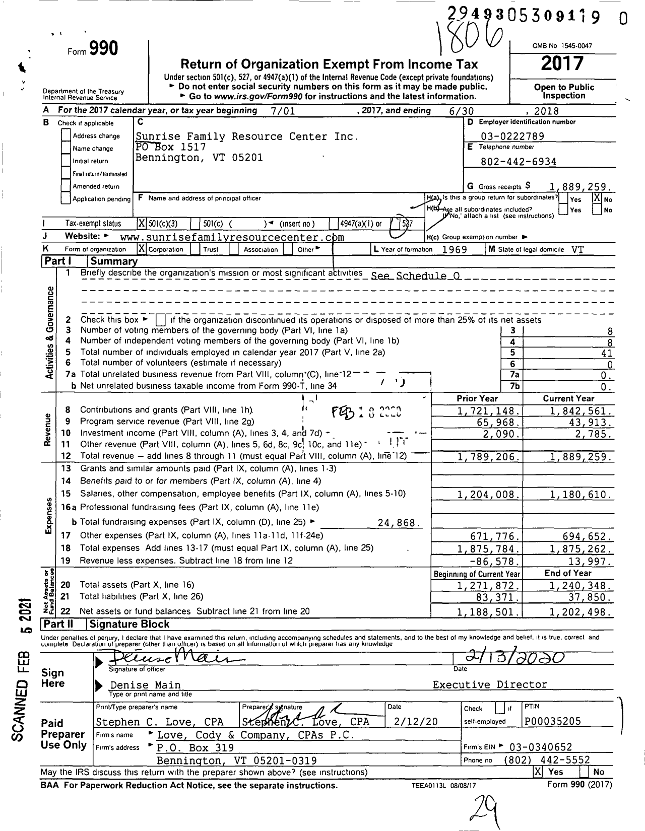 Image of first page of 2017 Form 990 for Sunrise Family Resource Center