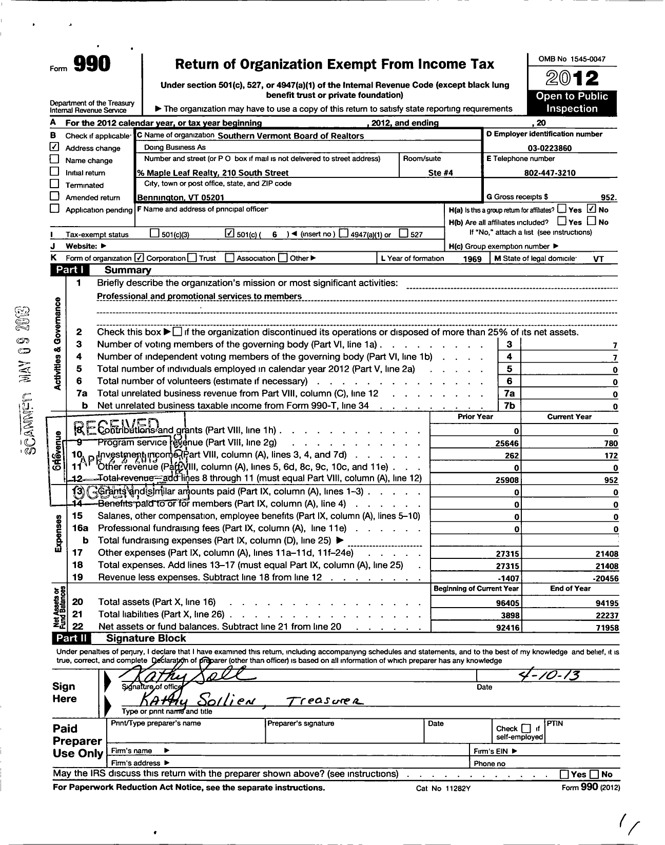 Image of first page of 2012 Form 990O for Southern Vermont Board of Realtors