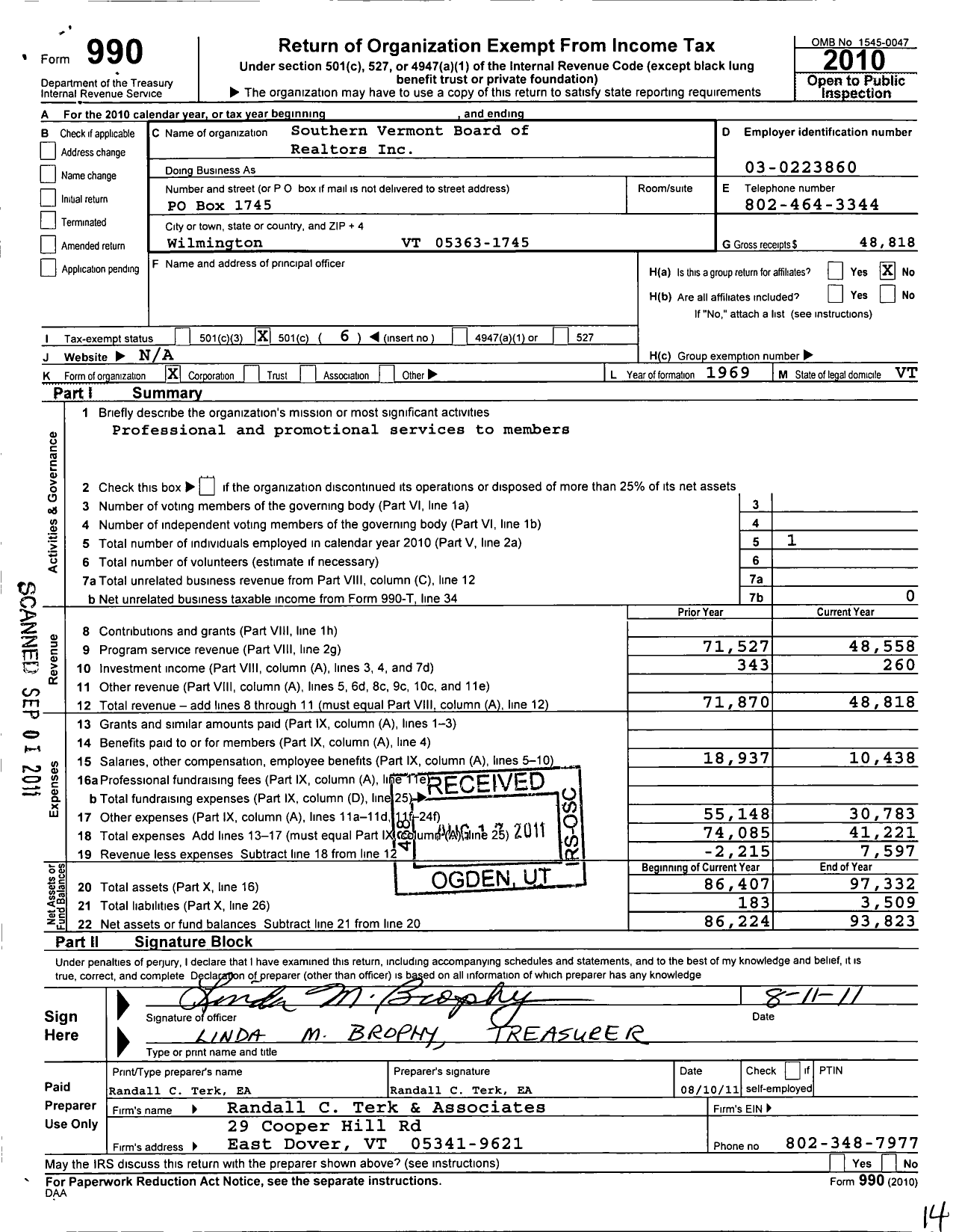 Image of first page of 2010 Form 990O for Southern Vermont Board of Realtors