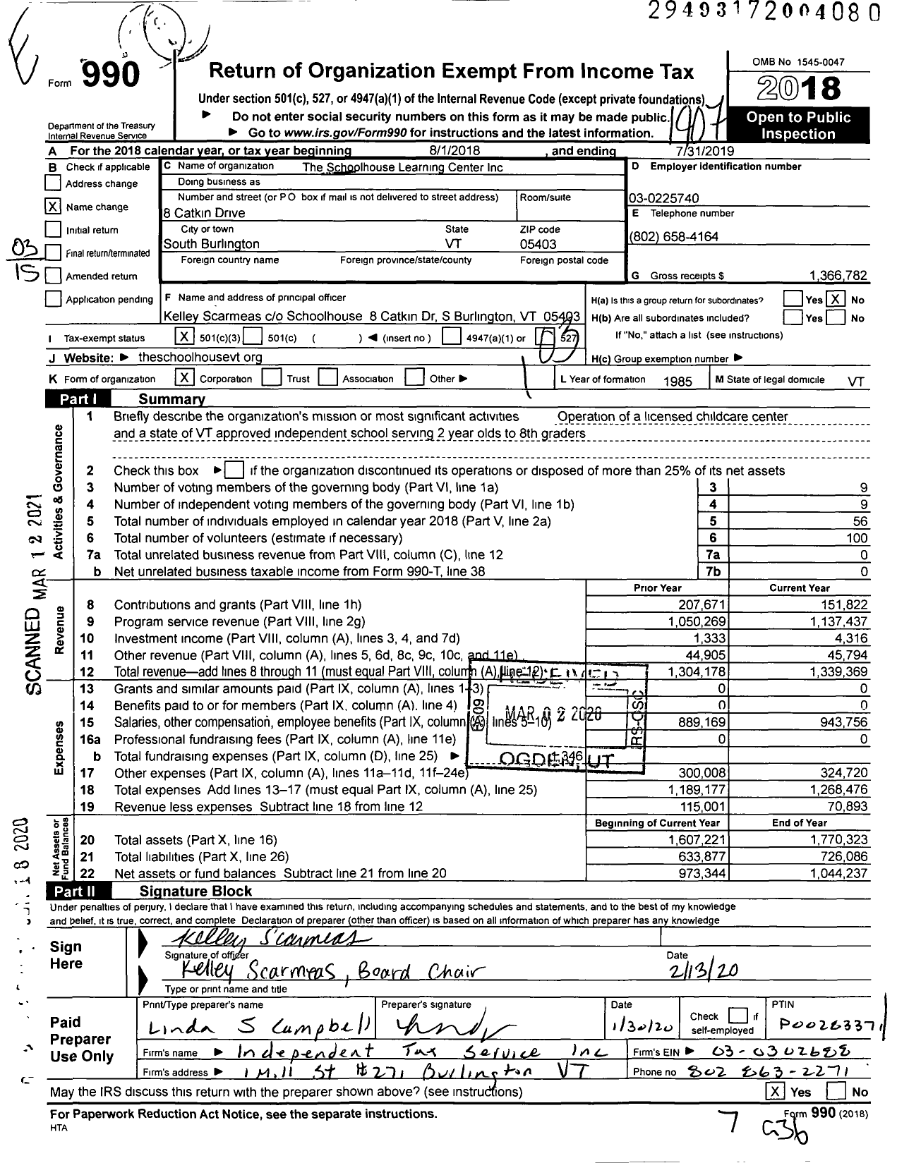 Image of first page of 2018 Form 990 for The Schoolhouse Learning Center