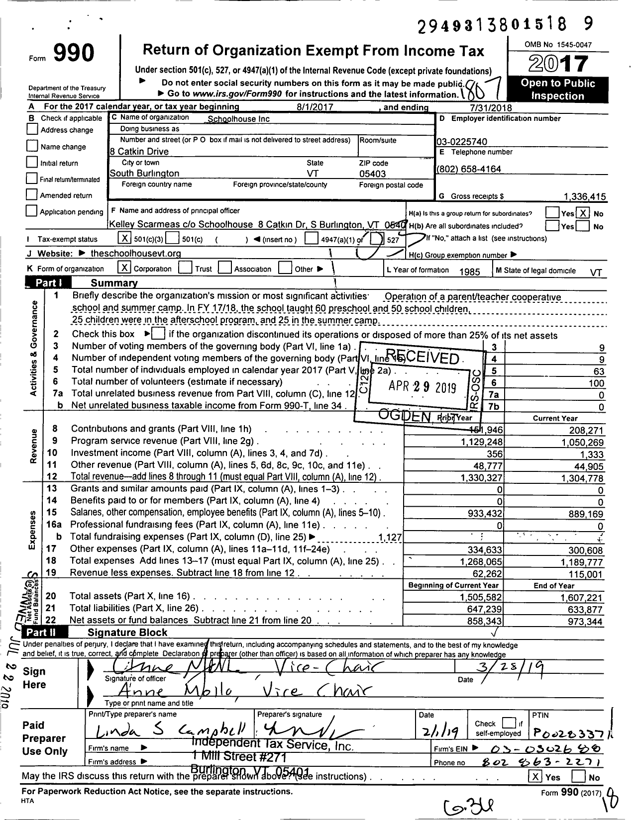 Image of first page of 2017 Form 990 for The Schoolhouse Learning Center