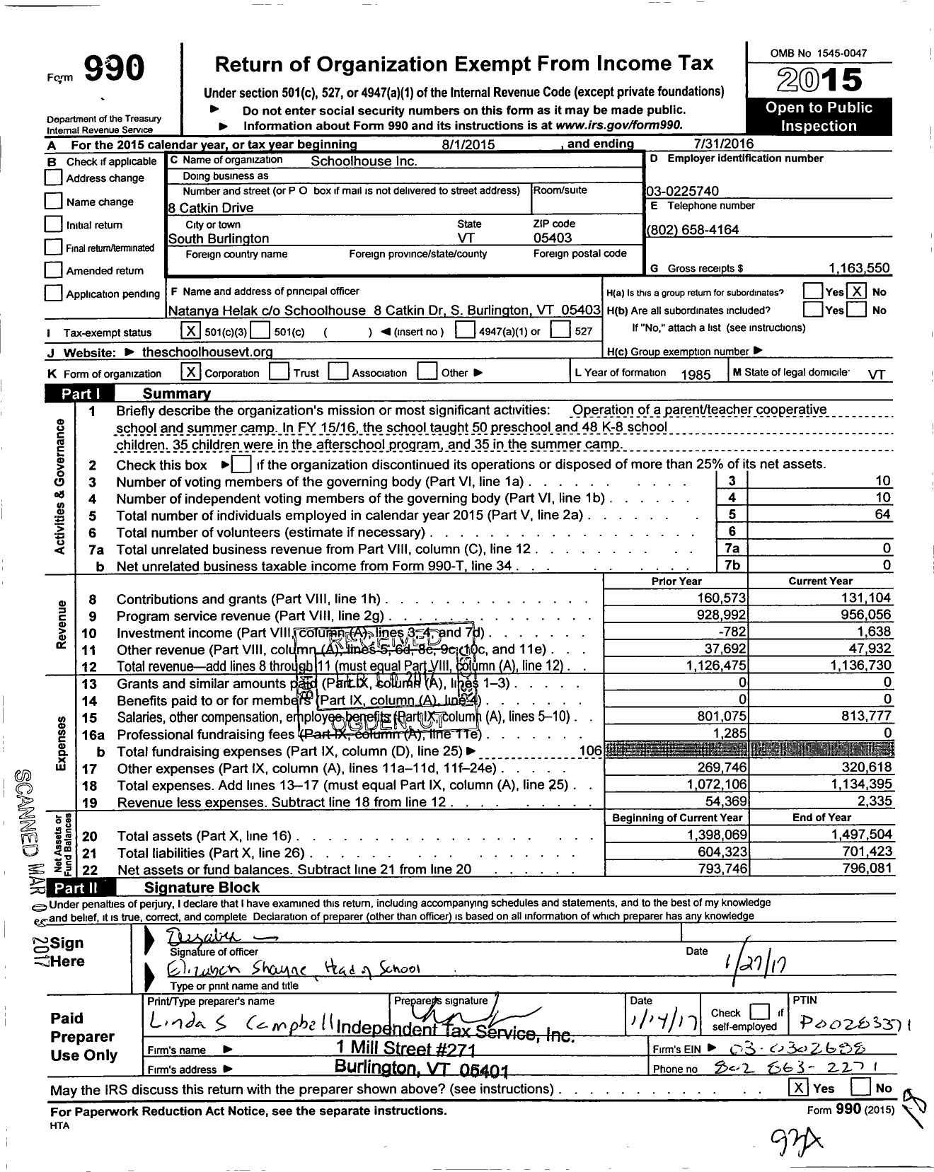 Image of first page of 2015 Form 990 for The Schoolhouse Learning Center