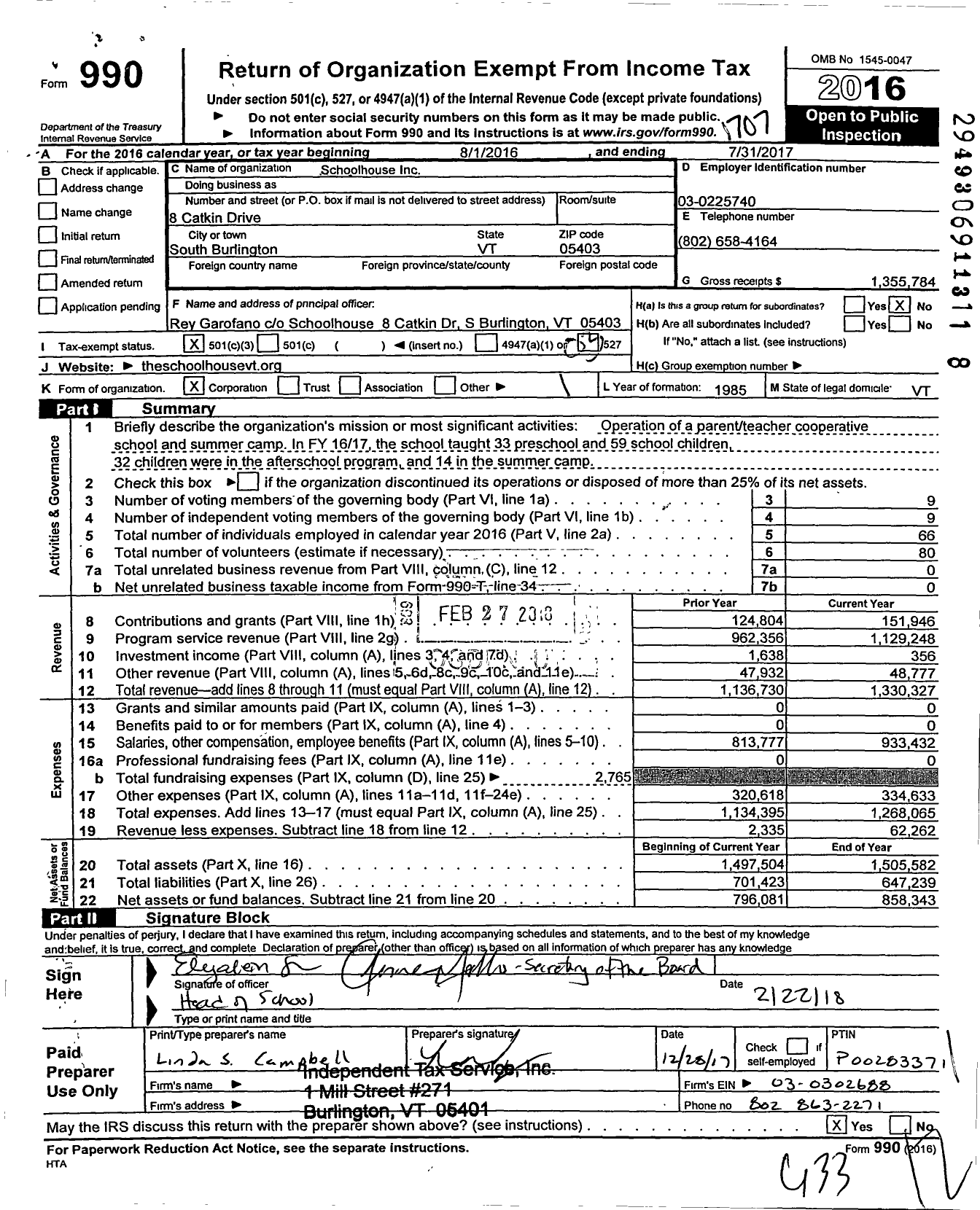 Image of first page of 2016 Form 990 for The Schoolhouse Learning Center